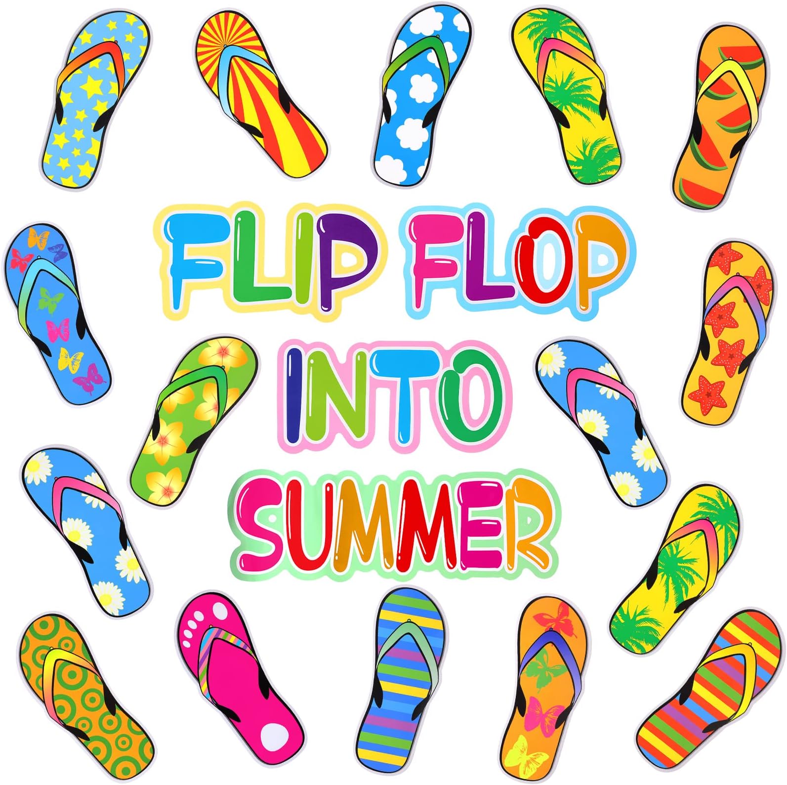 Teling 74 Pcs Flip Flop Summer Bulletin Board Decorations Flip Flop Beach Cutouts May Tropical Hawaiian Theme Decor Pool Party Cutouts with Glue Point Dots for Classroom School Office Wall(Simple)