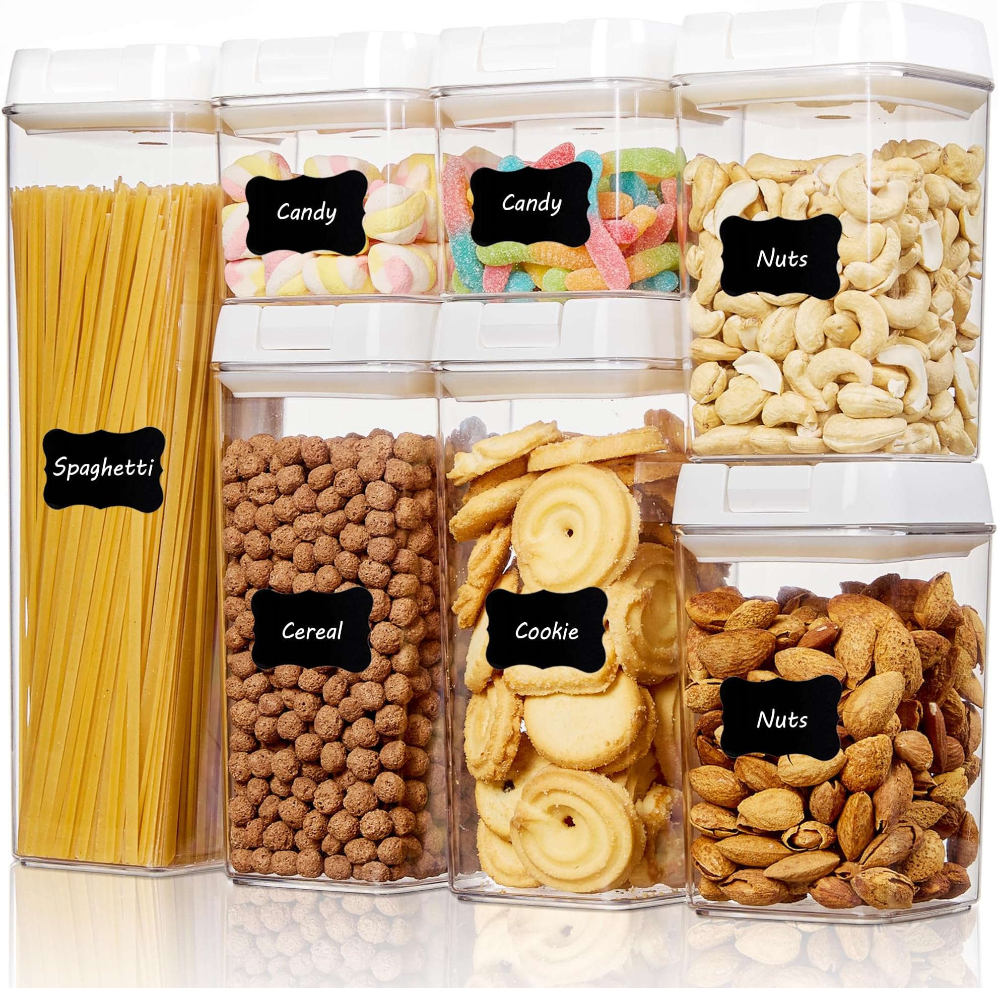 Vtopamrt Airtight Food Storage Containers Set with Lock Lids-Set of 7,Kitchen & Pantry Organization Plastic Storage Jar for Cereal, Flour Labels & Marker,BPA Free & Stackable Design