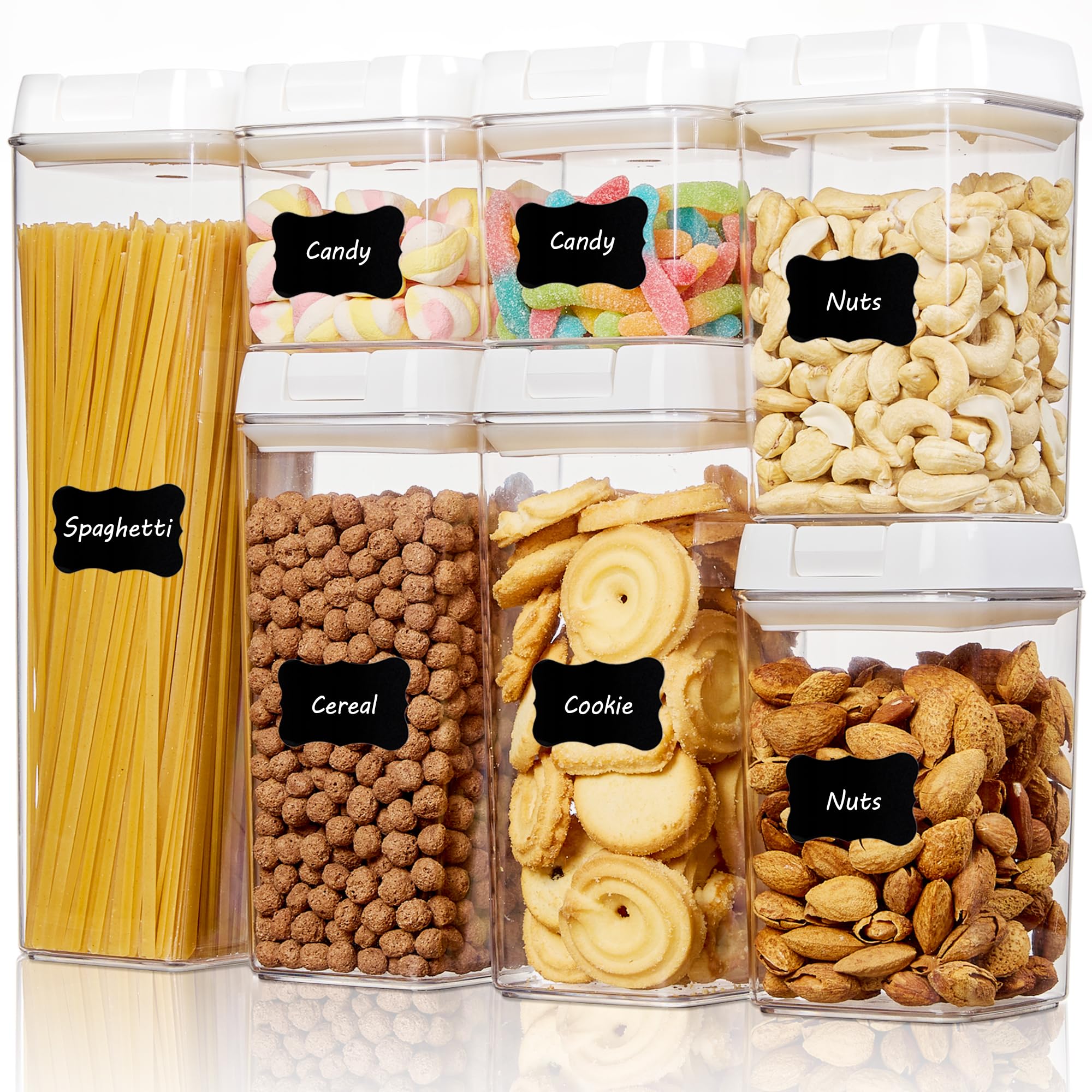 Vtopamrt Airtight Food Storage Containers Set with Lock Lids-Set of 7,Kitchen & Pantry Organization Plastic Storage Jar for Cereal, Flour Labels & Marker,BPA Free & Stackable Design