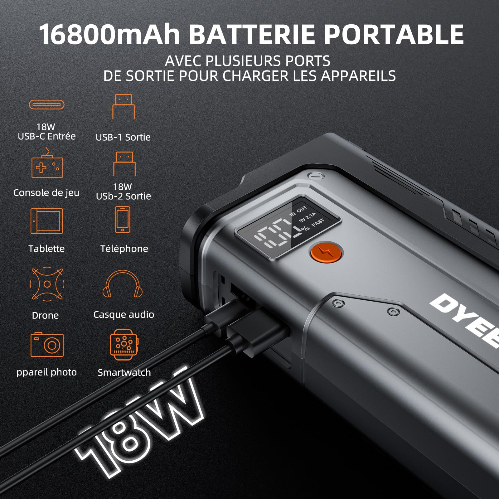 Booster Batterie Voiture 6000A, 12V Démarreur de Voiture pour Moteurs (jusqu'à All Gaz & 10,0L Diesel), Booster Batterie Moto Portable Jump Starter avec Lampe de Poche à LED, Rapide Charge USB