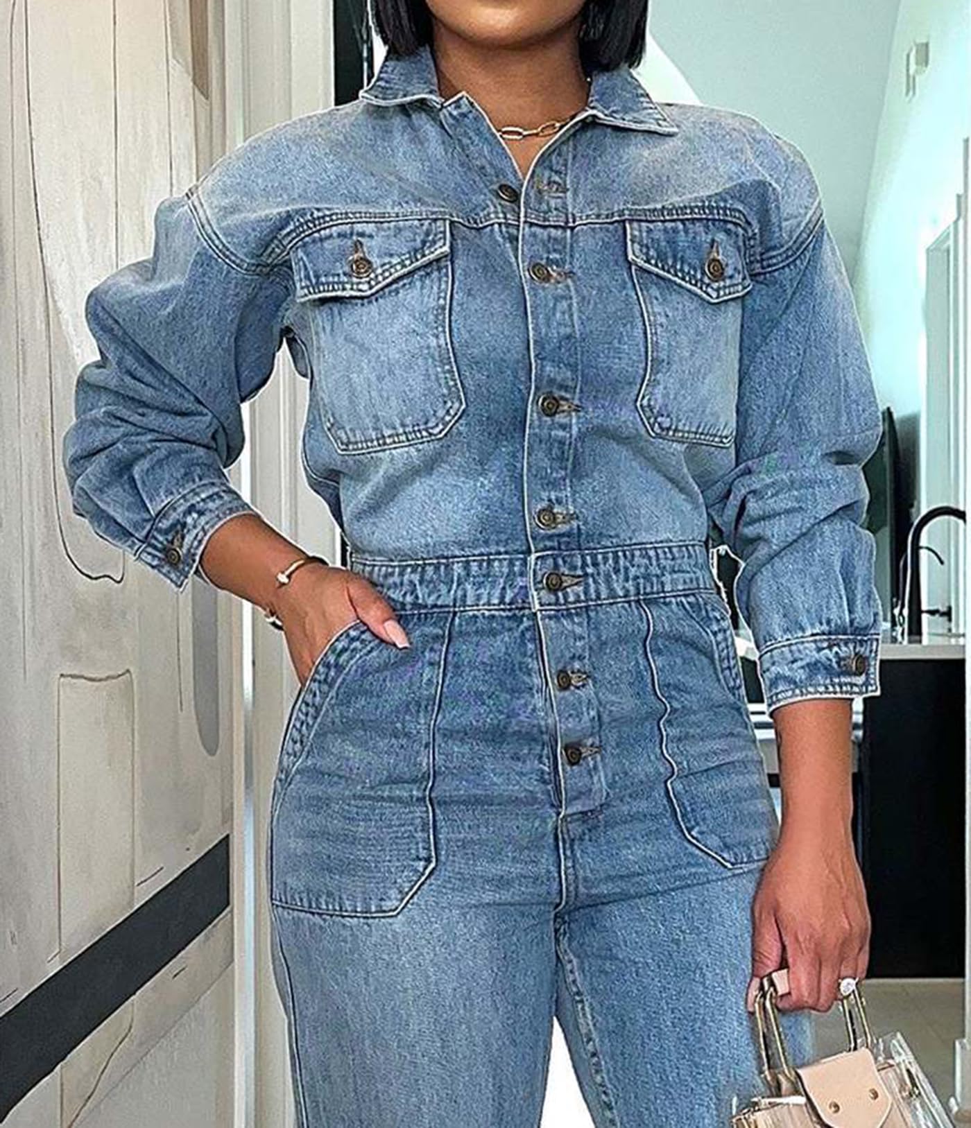 cffvdiz Denim Combinaison pour Femmes Sexy Slim Fit Manches Longues Taille Haute Jean Combinaisons Bouton Bas Élastique Taille Longue Romper