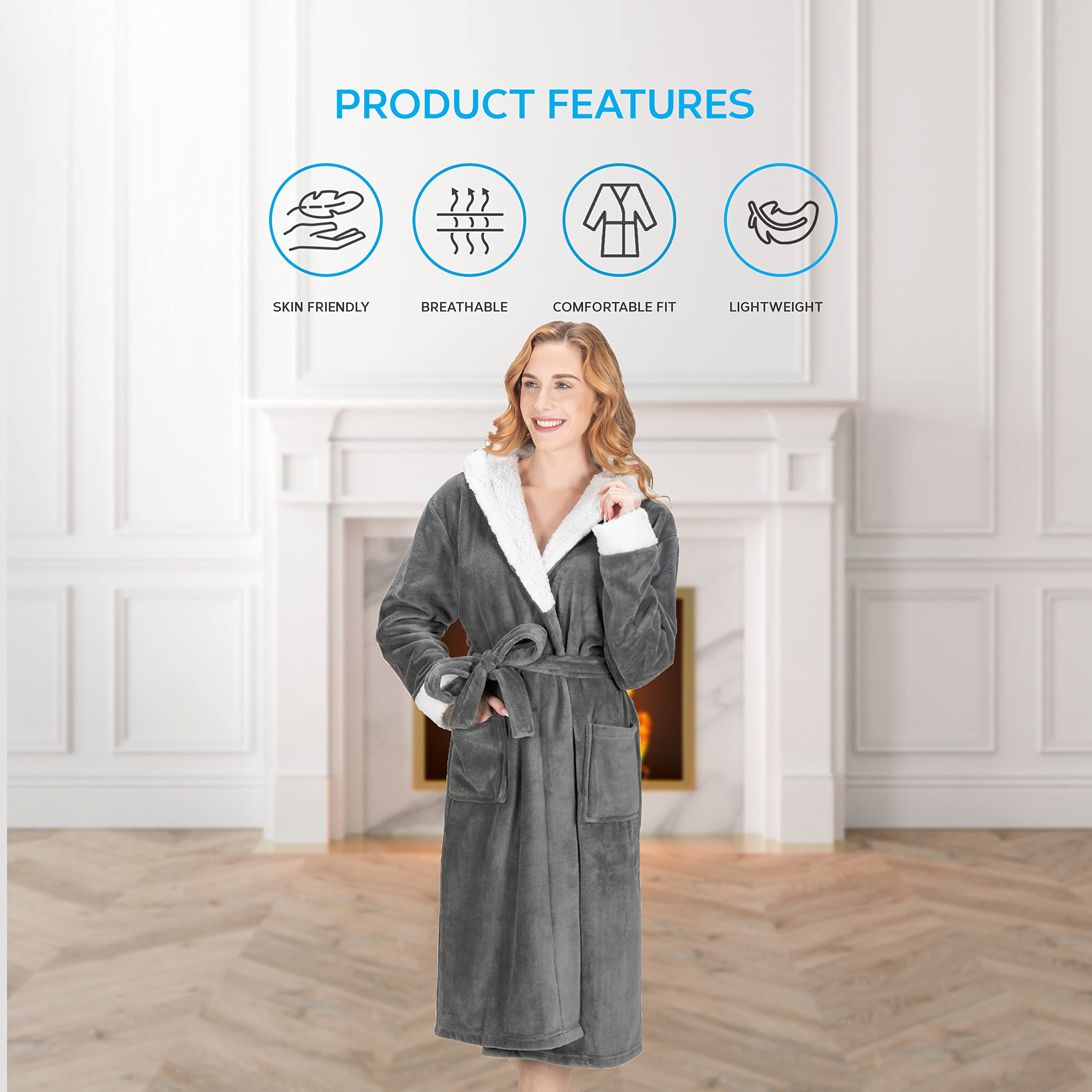 MONHOUSE Womens Dressing Gown - Premium Super Soft & Cosy Long Bathrobe - Ladies Thick Flannel Luxury Housecoat - Warm Fluffy Shearling Sherpa Spa Robe for Her - Dark Grey Sherpa UK 8-10