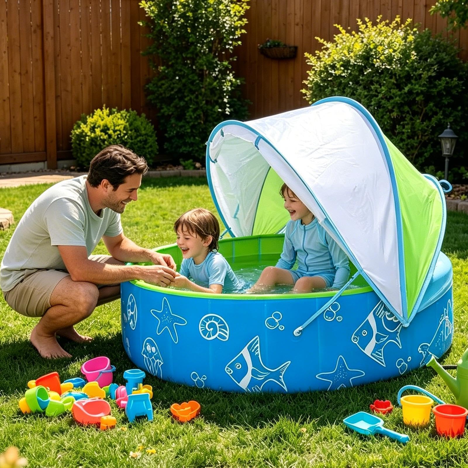 Basen dla dzieci z daszkiem 119,9 cm x 30,0 cm nienadmuchiwany składany | Basen kąpielowy dla dzieci do zabawy Letni, plażowy, ogrodowy, tarasowy, podwórkowy,