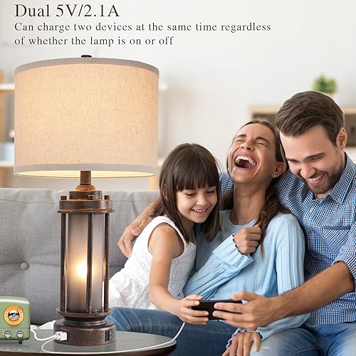 Miniatura 4 de Juego de 2 lámparas de granja para sala de estar, lámpara de mesa rústica vintage para dormitorio, con 2 puertos de carga USB, luz nocturna de