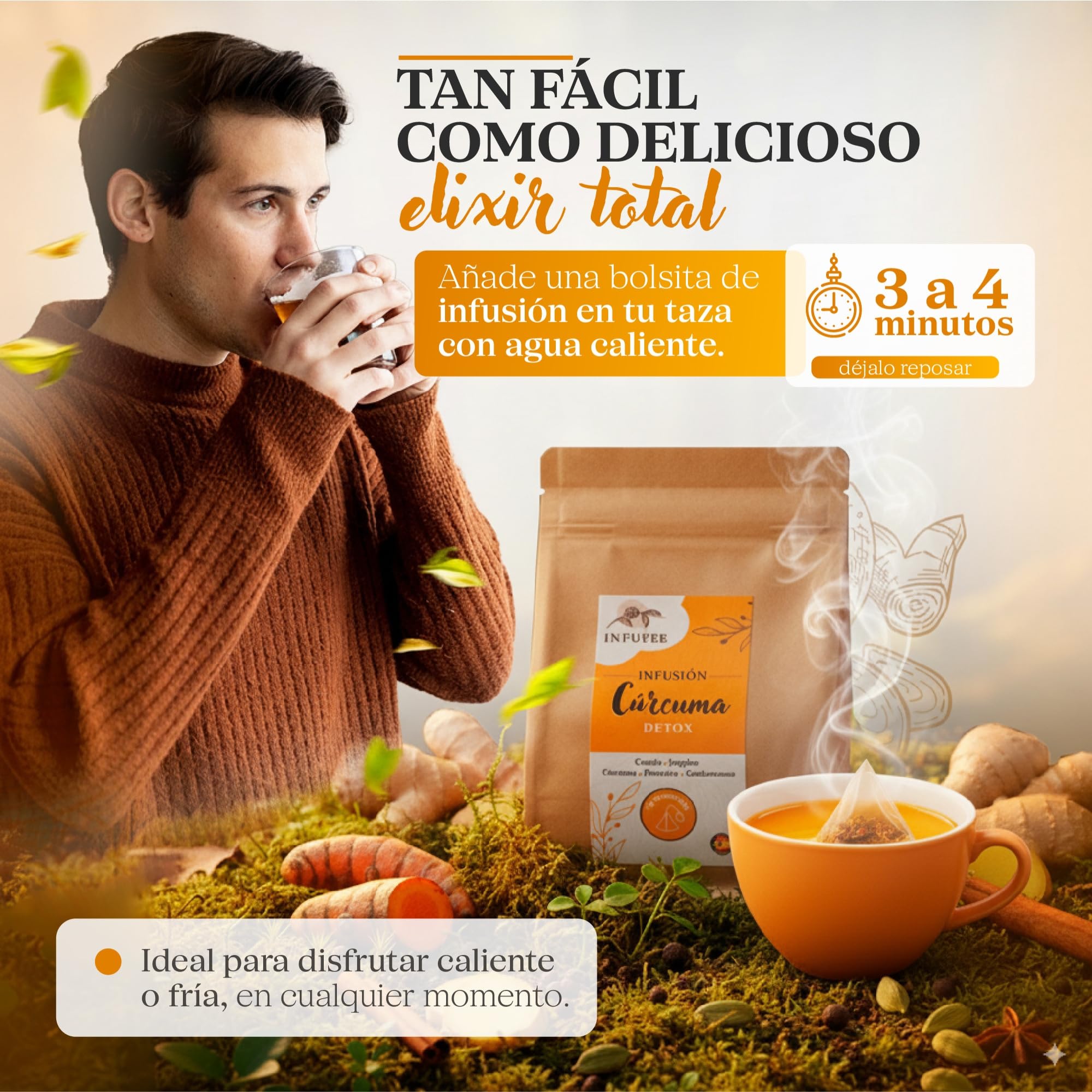 Infusión Detox de Cúrcuma y Jengibre - Té Antioxidante y Antiinflamatorio con Pimienta Negra, Canela y Cardamomo - Plan Adelgazante Natural 15 Dias- Infusión Sin Teína para Dieta Depurativa