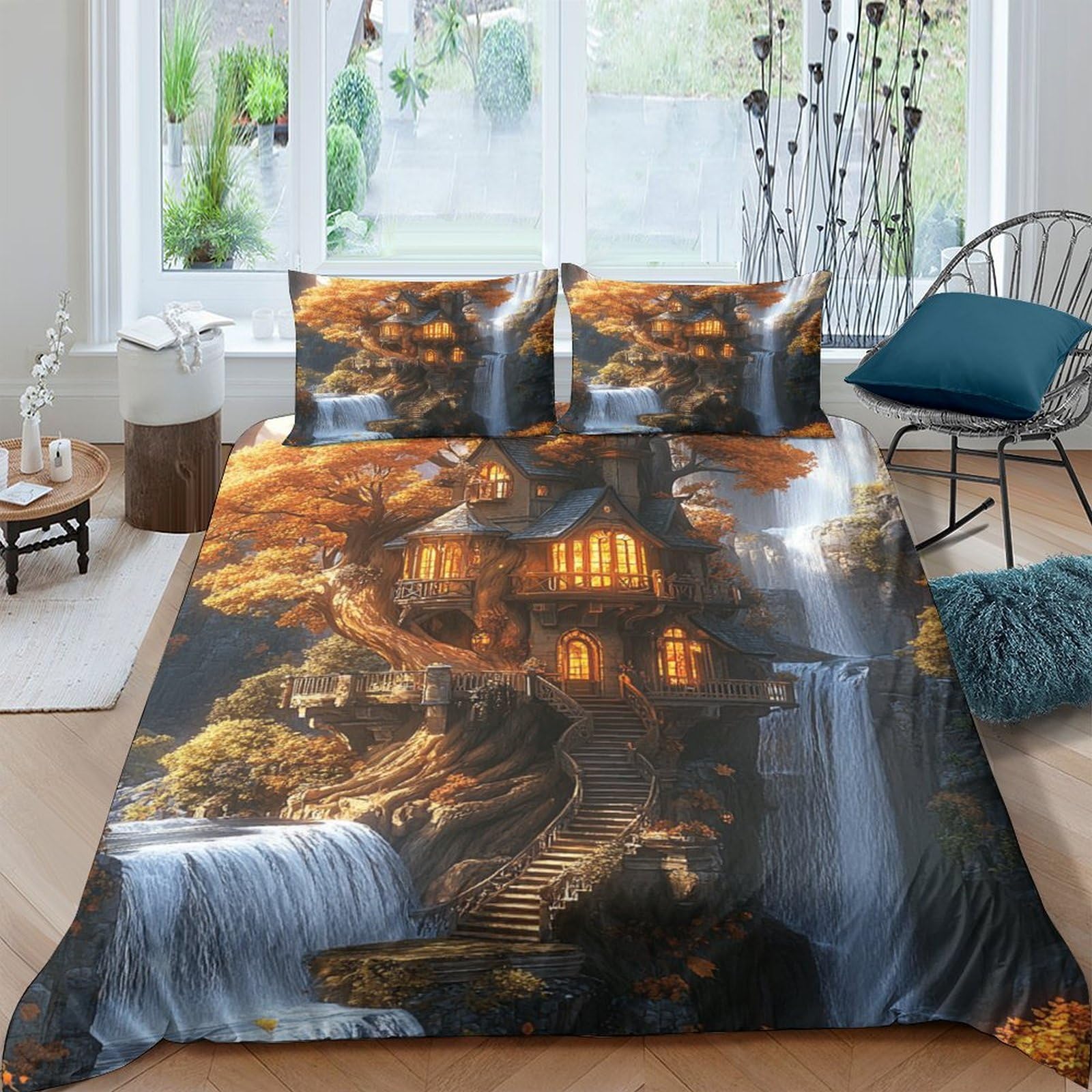 Casa sull'albero fantasy Impressione 3D 3 pz coperteletto Fantasia in stile cottage fodera per edredone microfibra morbida antiacari per bambini adolescenti donne King（220x240cm）