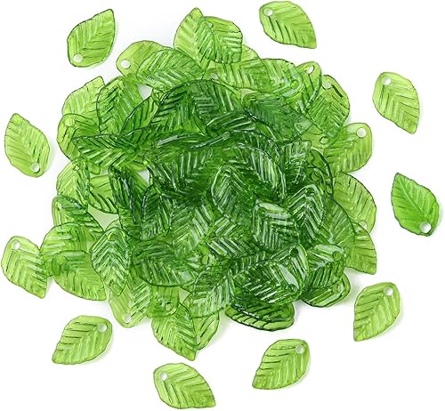 Stiesy 100 dijes acrílicos transparentes de hojas verdes para plantas, pequeños dijes para mujer, accesorios de bricolaje