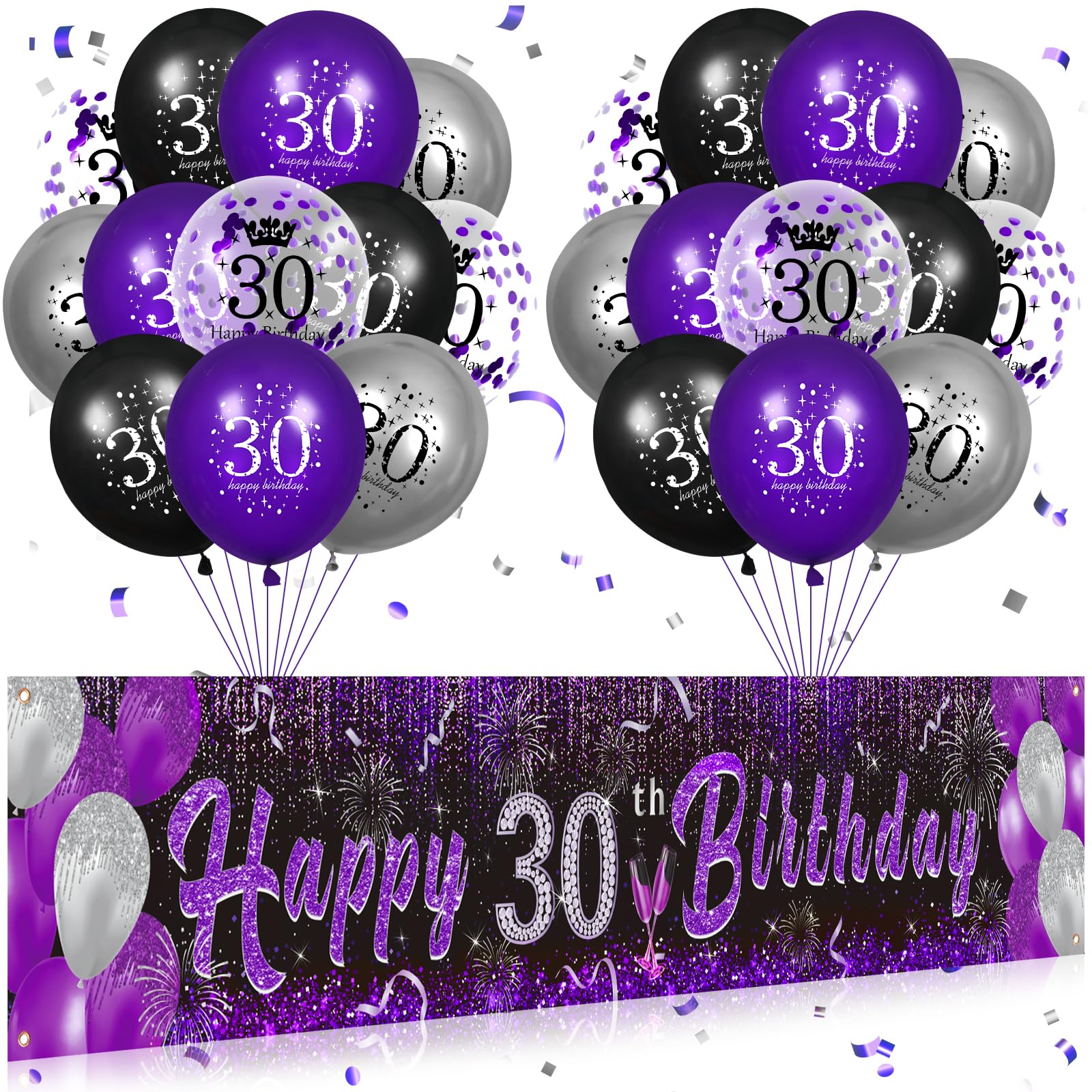 Purple 30th Birthday Decorations for Women, Black Purple Silver Happy 30th Birthday Yard Banner and Balloons for 30 Years Old Party Supplies Indoor
