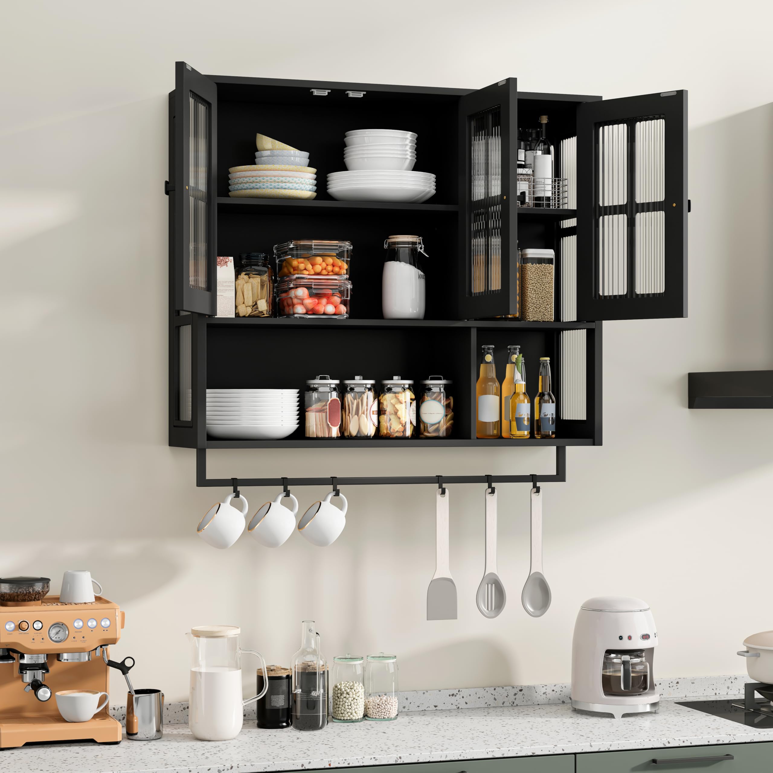 HAINEW Moderne hangkast, keukenkast, wandkast met 3 glazen deuren, metaal en glas, badkamerkast, sideboard, hangend, medicijnkastje voor keuken en badkamer, 90 x 20 x 70 cm (wit