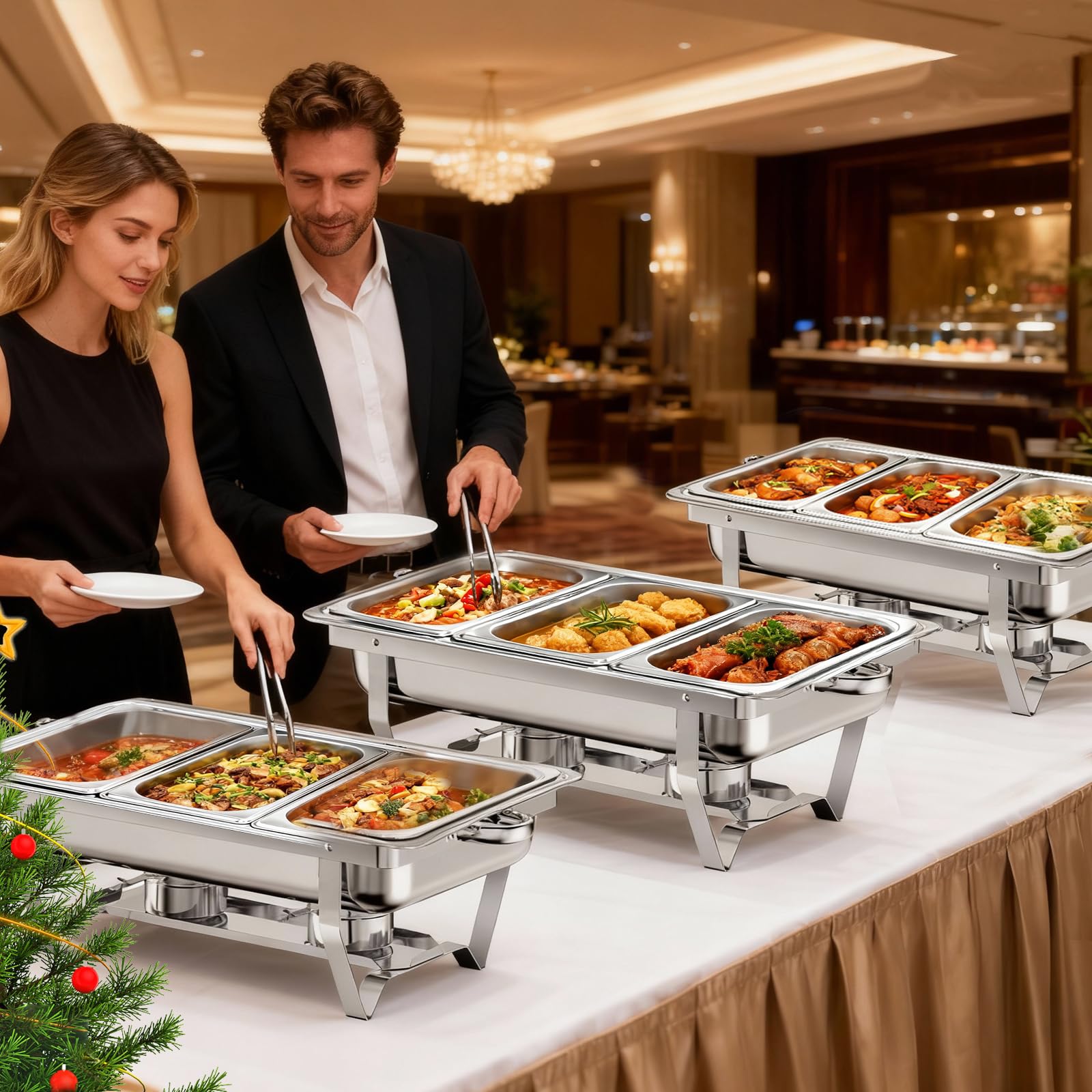 Warmhaltebehälter für Buffets, 4er-Set, 9L Fassungsvermögen, Edelstahl-Buffet-Set mit 1/3-Größen-Einsatz, Warmhalteplatten mit gerolltem Rand für Partys, Hochzeiten, Geburtstage (4 Pack)