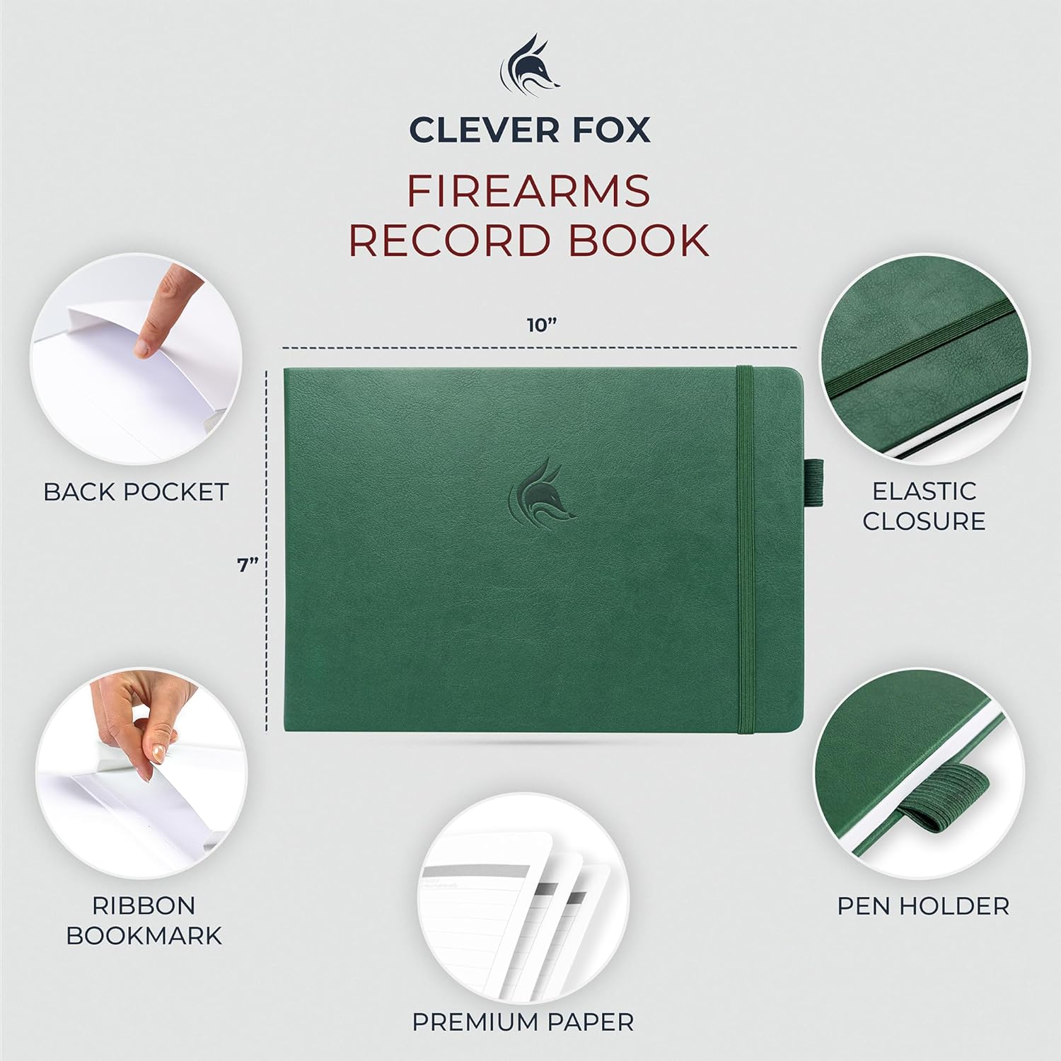 Clever Fox Firearms Record Book – Hardcover Gun Log Book for Acquisition & Disposition Info – Firearm Log Book for Professional & Personal Use – 129 Pages, 10x7″ (Green)