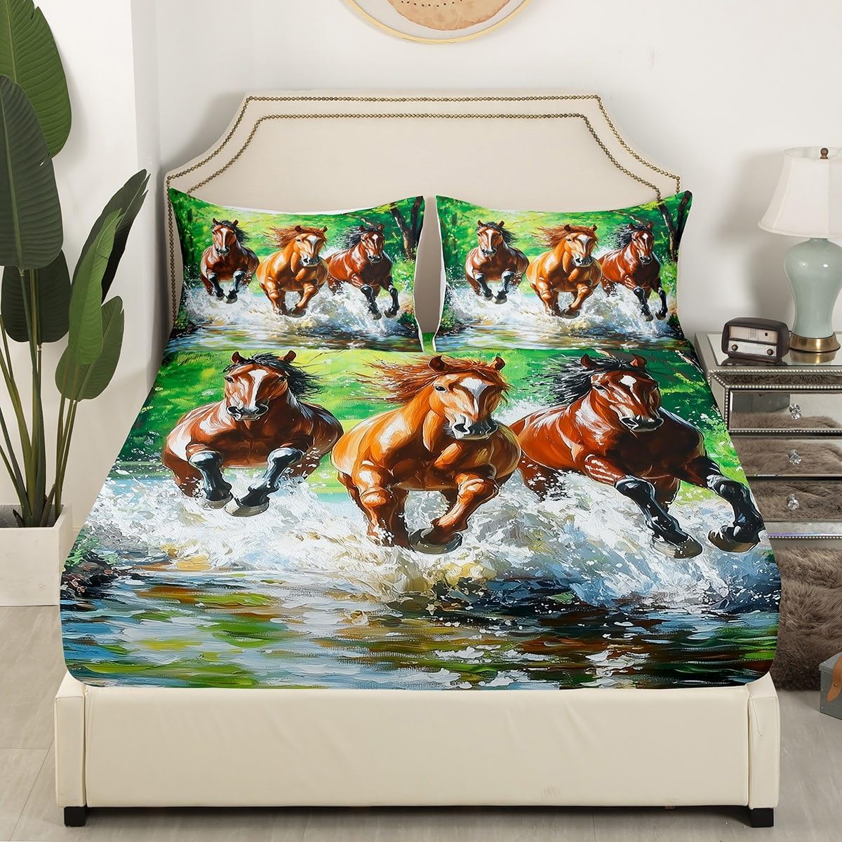 Running Horse Fitted Sheet Full Size Retro Western Farmhouse Bedding Set for Kids Boys Girls Teens Wildlife Animal Bed Sheet Set Oil Painting Style Bed Cover Room Decor,No Top Sheet