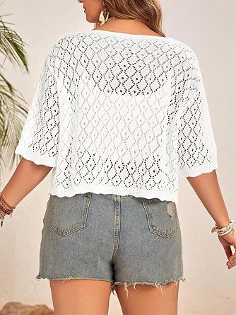 Women's Plus Size Crochet Cardigan Crop Short Sleeves Tie Front Lightweight Knitwear