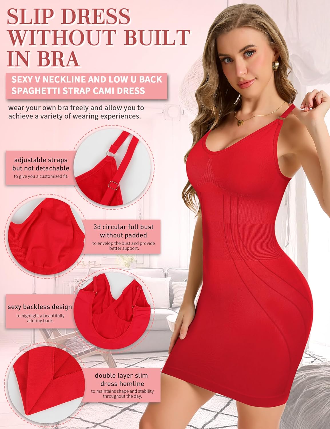 SLIMBELLE Backless Shapewear Slip for Women Under Dress Tummy Control Bodycon Adjustable Strap Round V Neck Body Shaper - Image 3