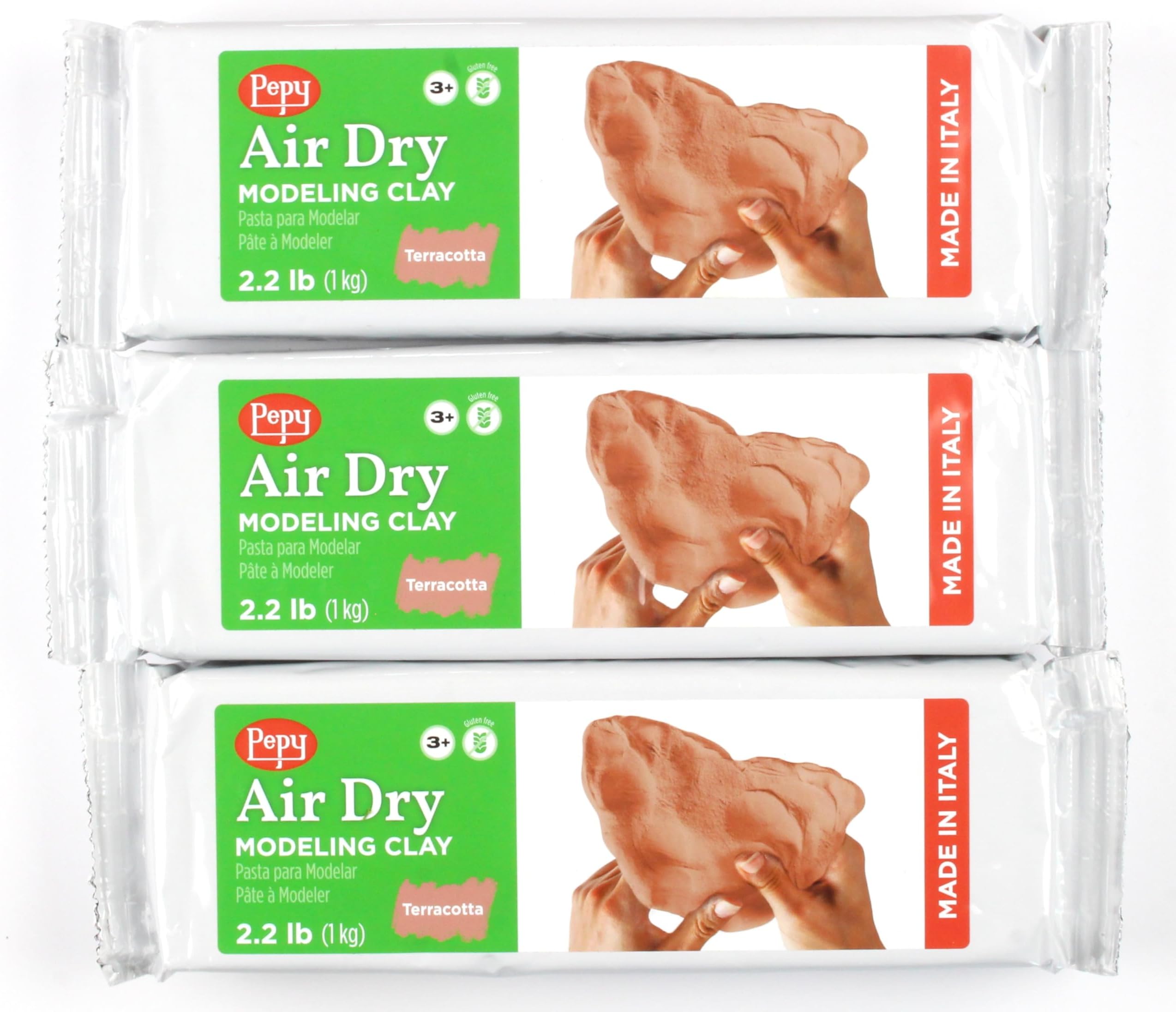 Pepy Premium European Air Dry Modeling Clay Terracotta 3 Pack 2.2 lb Bars, 6.6 lbs Total, Easy to Use Air-Hardening Clay for Classroom and Montessori Sculpting and Crafts Projects
