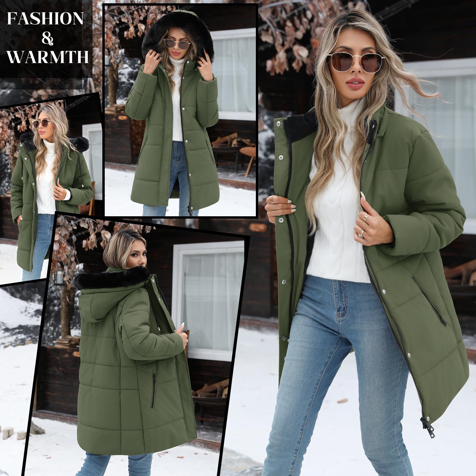 Piumino Donna Invernale Lungo Giacca Imbottito Giubbotto in Pile Caldo Cappotto Elegante Giubbino Parka Trapuntato Outwear Sport con Zip Tasche Cappuccio Rimovibile in Pelliccia