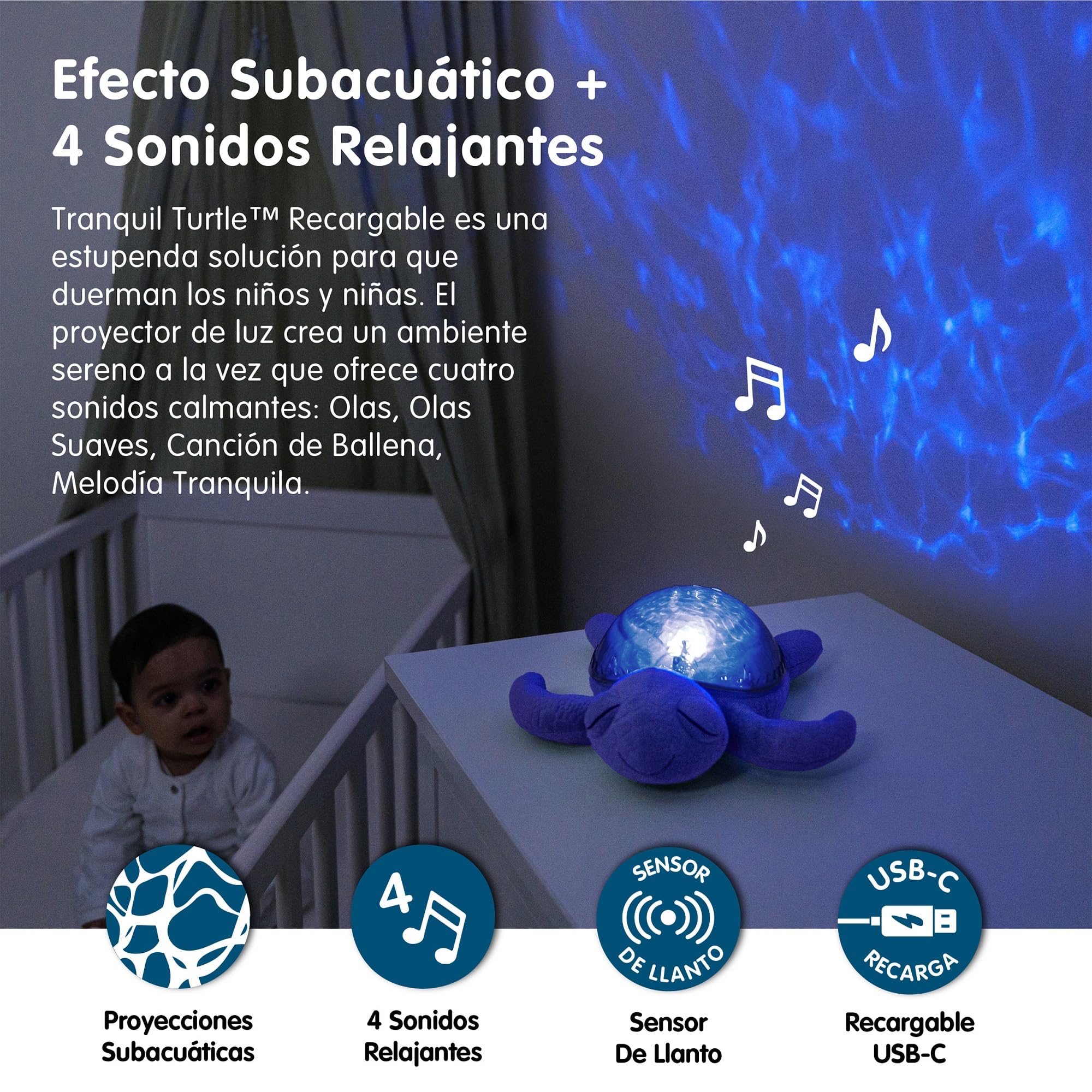 Cloud B Nightlight Musical Tranquil Turtle™ Recargable Ocean | Proyecciones submarinas | 4 sonidos relajantes | Brillo ajustable| Temporizador | Detector de llanto | Tejido reciclado