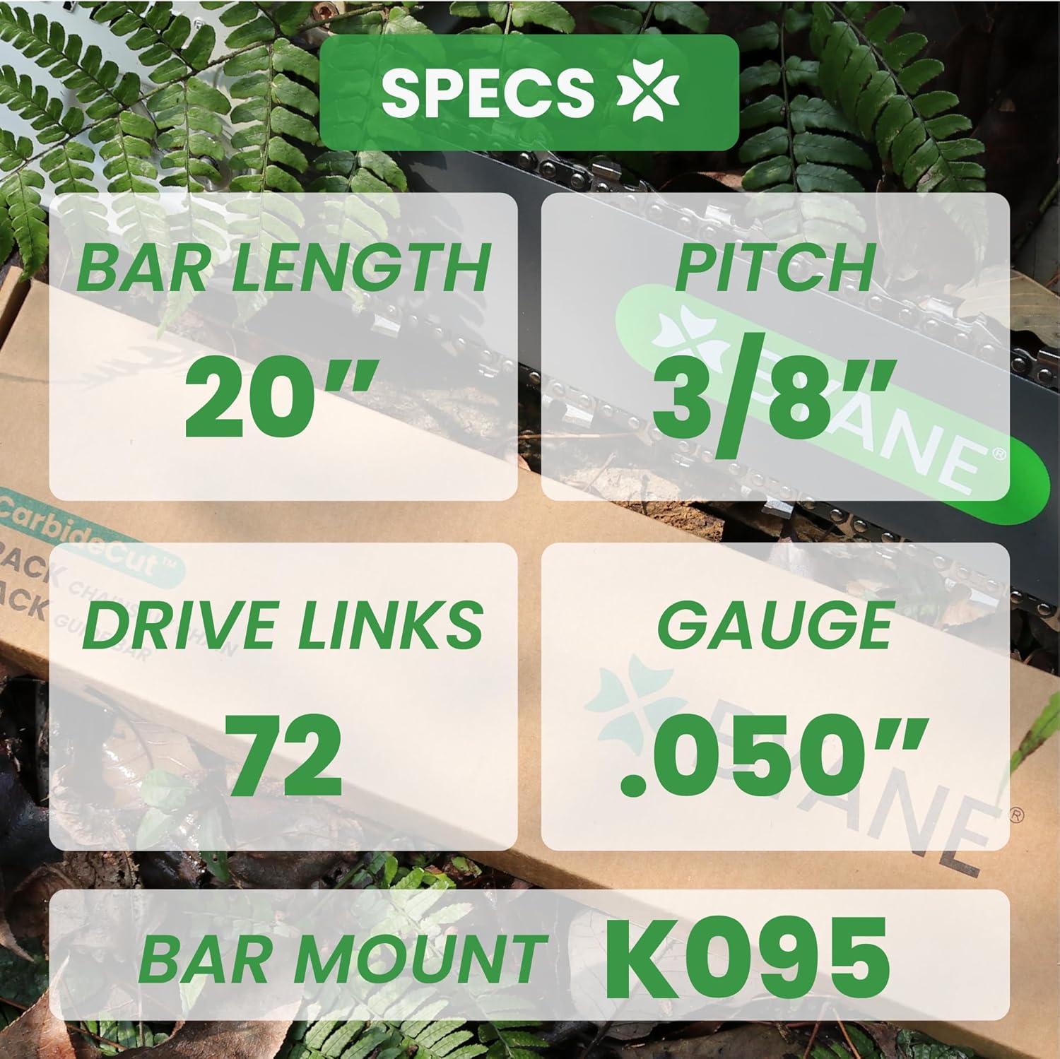 20" Chainsaw Bundle: Carbide Bar/Chain Combo + Diamond Sharpener for Husqvarna 455/460/570 & More, 3/8" Pitch, 050" Gauge, 72 Drive Links