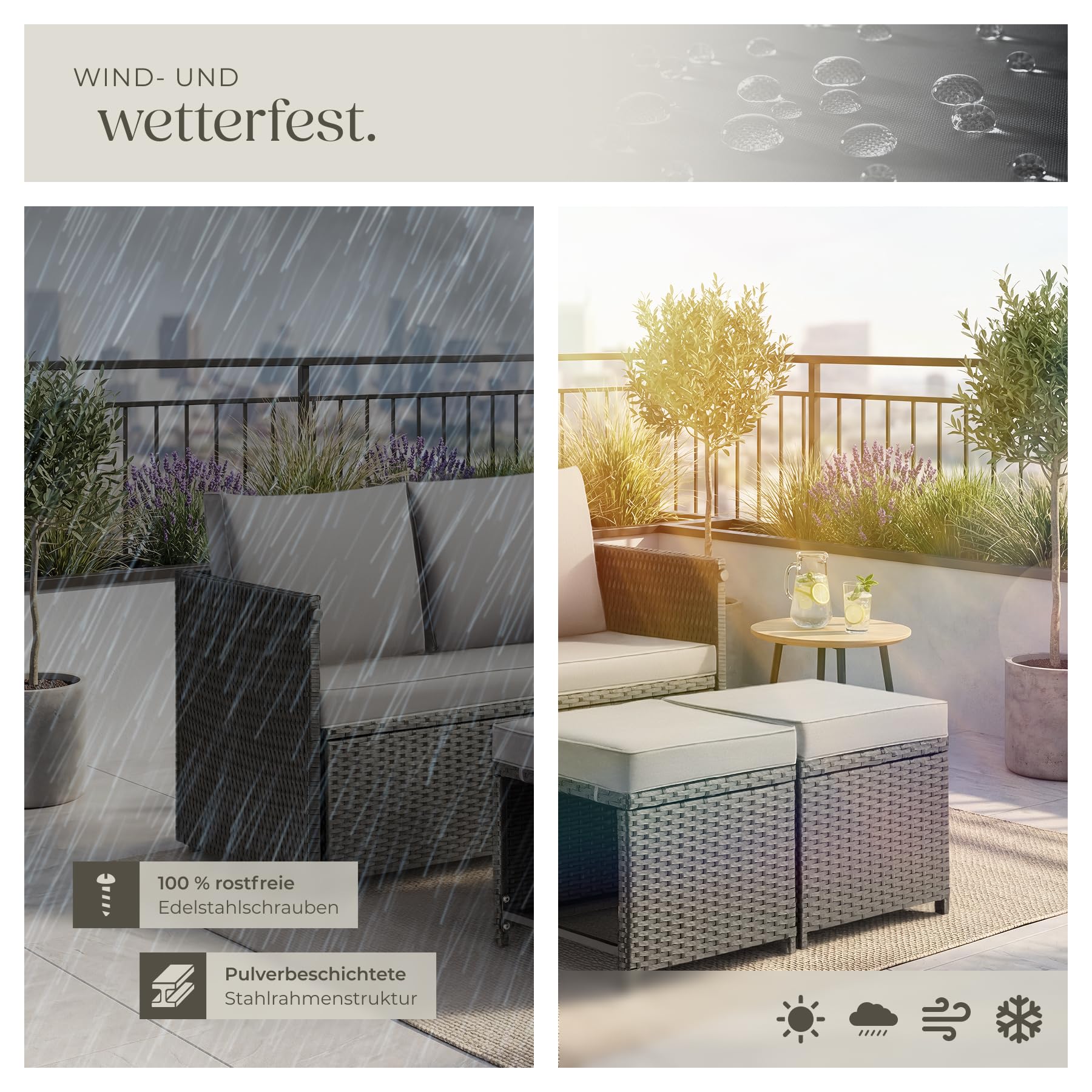 tectake® 2in1 Rattanlounge für 4 Personen, Set mit Tisch mit Schraubfüßen, Tischoberfläche in Holzoptik, Polyrattan Gartenmöbel, als Gartensofa oder Sitzgruppe, Terrassenmöbel, Lounge - schwarz