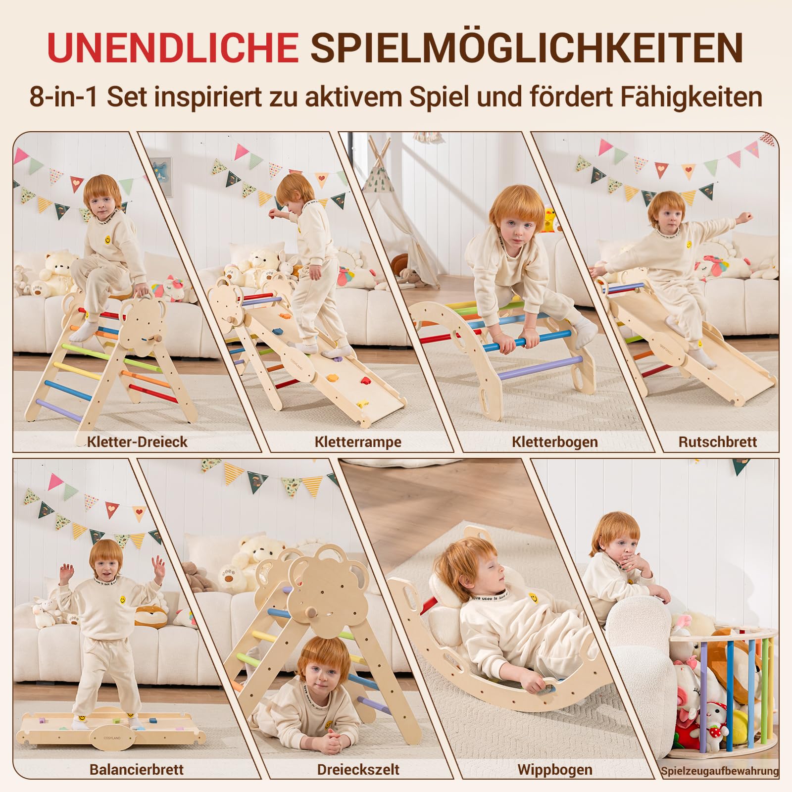 COSYLAND Klettergerüst Indoor L – Großes Kletterdreieck Set mit Kletterbogen & Rutsche – 8-in-1 Massivholz-Spielplatz für Kinder ab 18 Monaten – Regenbogenfarben