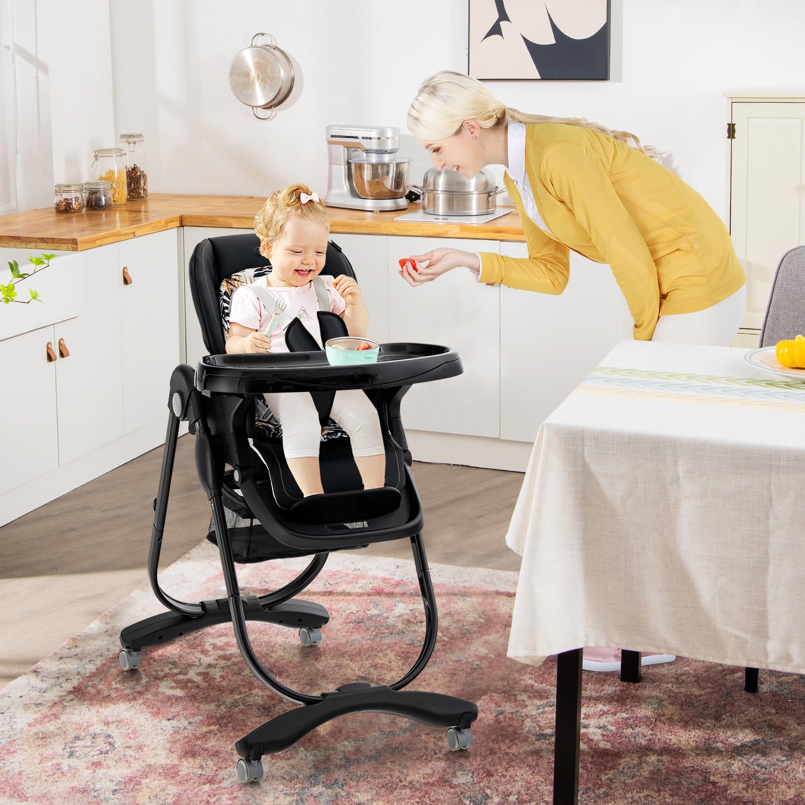 LIFEZEAL Trona Plegable con 7 Posiciones de Ajuste de Altura, Respaldo Reclinable, Trona Evolutiva con Cojín Confort, Doble Bandeja, Articulada, 6-36 meses, Capacidad 15 kg (Negro)
