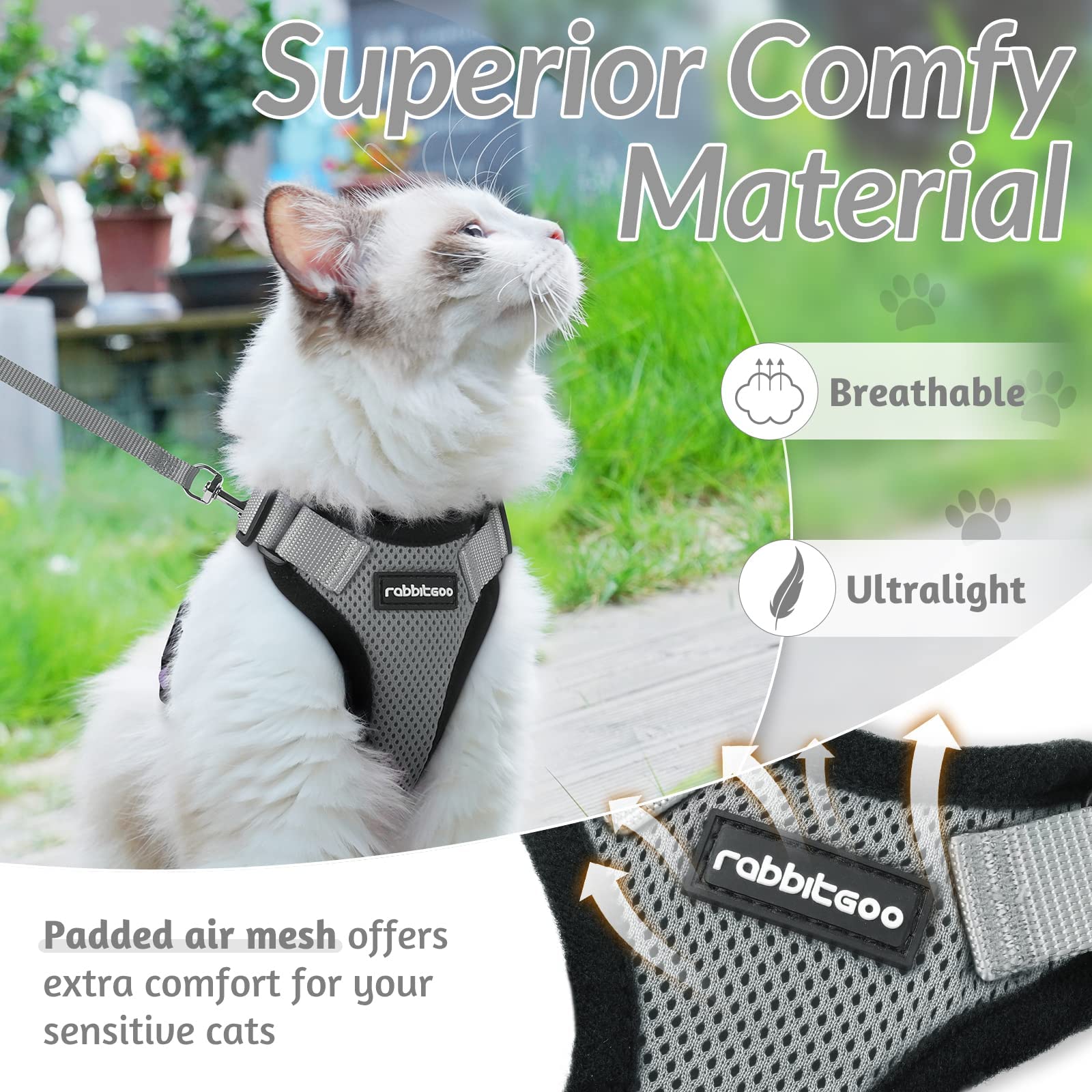 rabbitgoo Pettorina Gatto Antifuga con Guinzaglio, Guinzaglio per Gatti Regolabile, Pettorina Cane Taglia Piccola Riflettente, Imbracatura Gatto Adulto in Maglia Traspirante per Camminare, Grigio, XXS