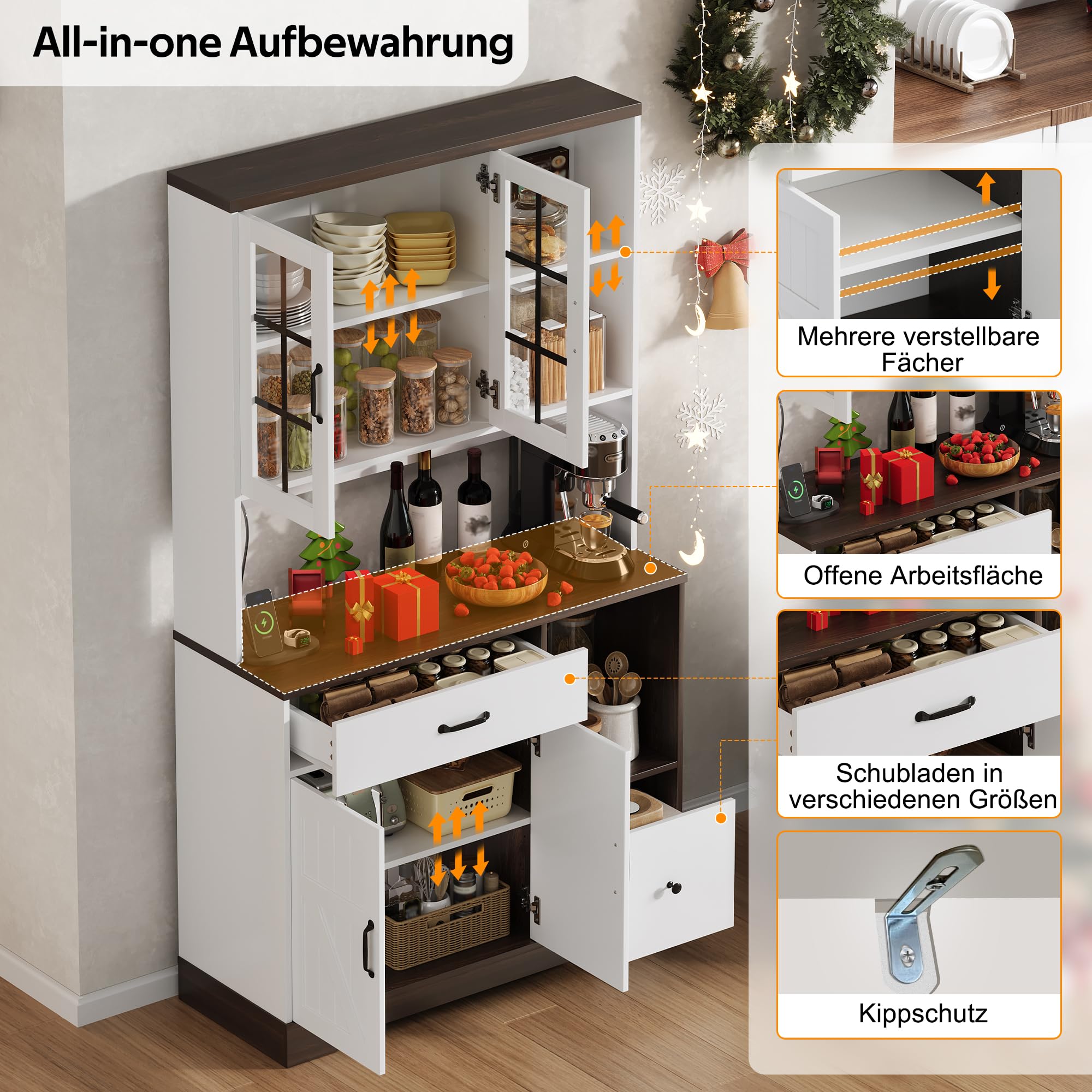 Credenza fienile nero e bianco 185 cm con LED e prese