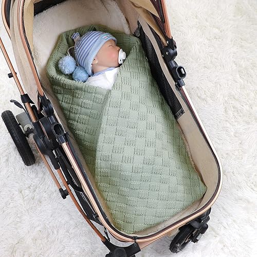 Miniatura 53 de Lawkul Mantas de ganchillo para bebé, manta de punto gofre celular para recién nacido, manta de punto trenzado para niños y niñas, tamaño 40 x 30