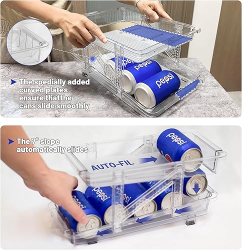 Miniatura 6 de Guermok Organizador automático de latas de sodas rodantes para refrigerador, amplio y ajustable, dispensador de bebidas para despensa, 12 onzas, 16