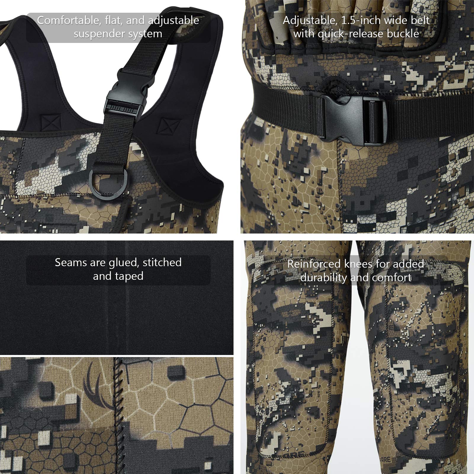 BASSDASH Bare Camo Cuissardes de pêche en néoprène pour homme avec pied isolé en caoutchouc de 600 g