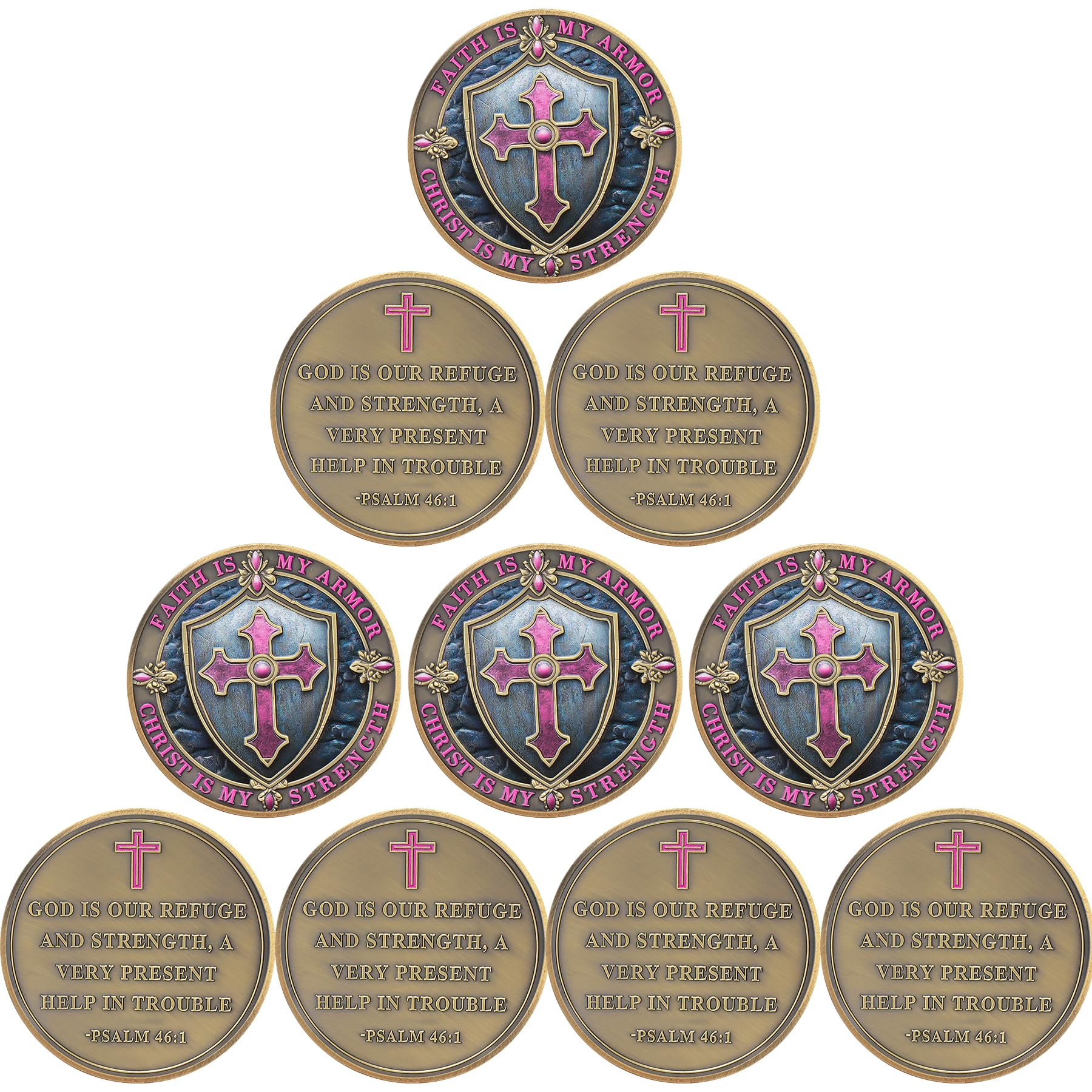 Paquete de 10 monedas de desafío cristiano, escudo protector de oración religiosa, monedas de armadura de Dios, monedas de desafío cristiano de doble cara, Salmo 46:1, salvación de Jesús para