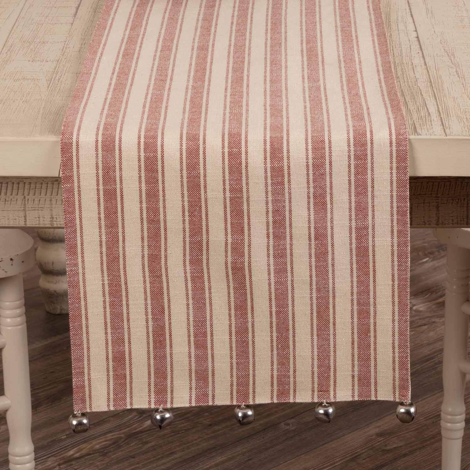 Sleigh Bells Ring Ticking Stripe Table Runner, 90" Long, Farmhouse Christmas Red & Cream w/Bells, Christmas, Country Holiday Décor