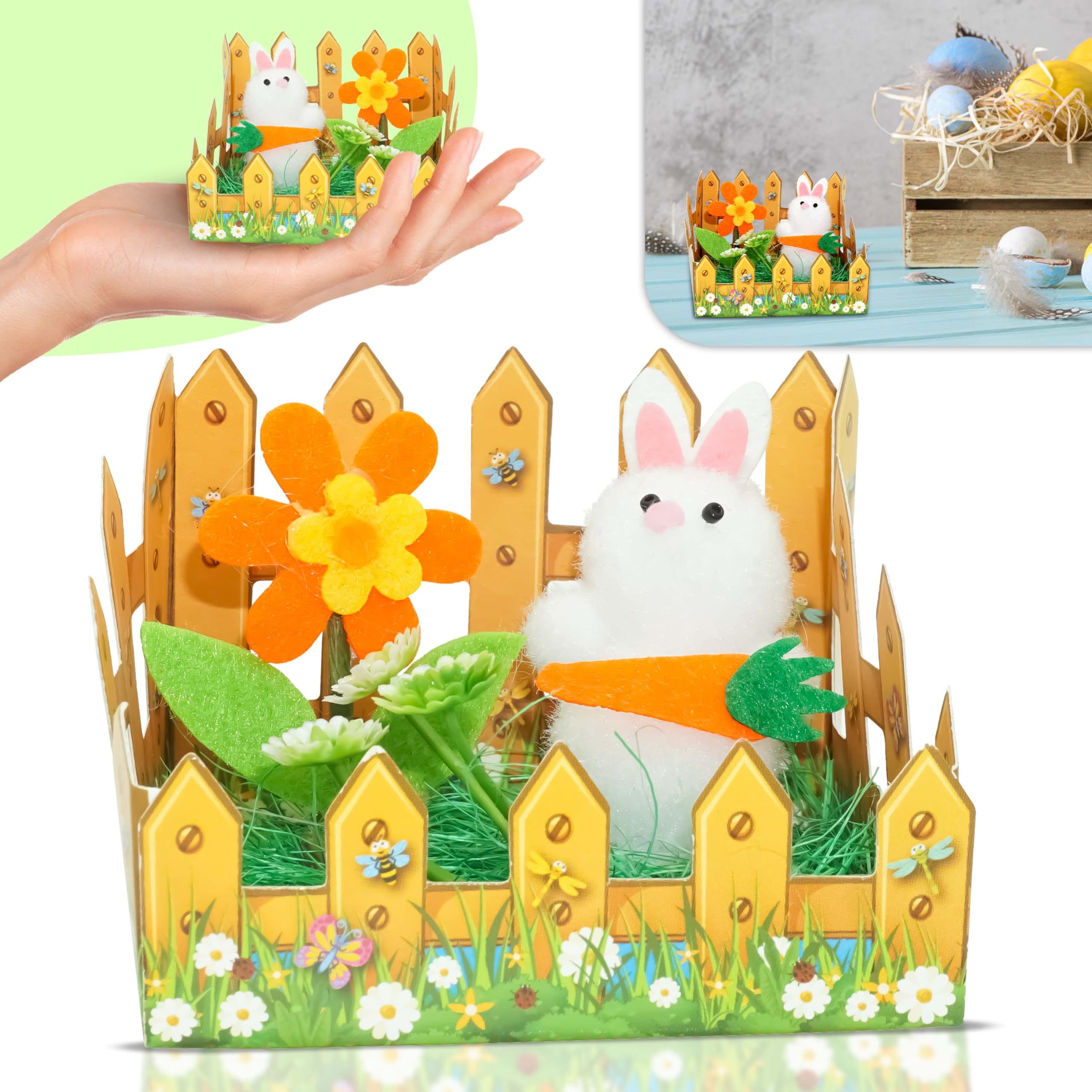 SRV Hub Easter Bunny Craft Decoration – Picket Fence with Flowers, Mini Easter Centerpiece for DIY Crafts, Table, Garden & Yard Decor, Perfect Spring Gift (8cm)