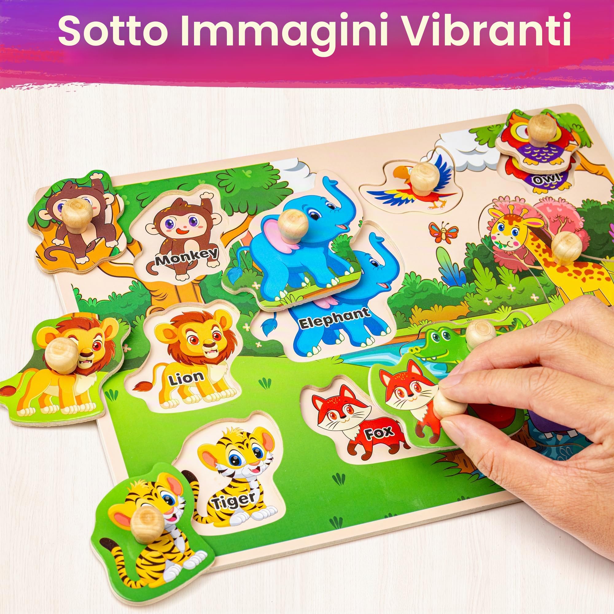 SYNARRY Puzzle in Legno per Bambini 1-4 Anni - 6 Pezzi con Rack, Apprendimento Alfabeto, Numeri, Forme, Animali, Dinosauri, Veicoli - Giocattolo Educativo con Supporto