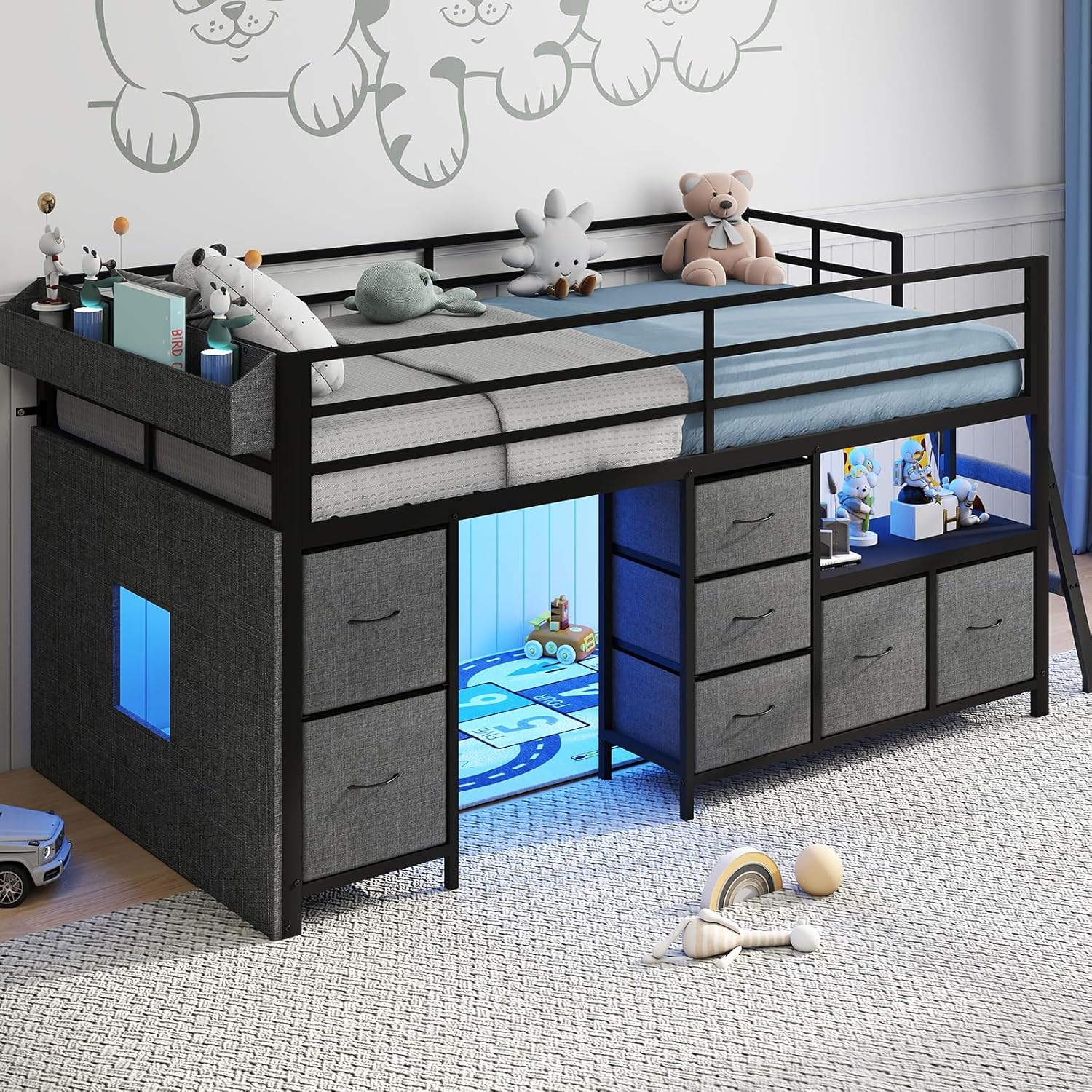 Low Loft Bed with 7 Storage Drawers and Bookcase, Twin Low Loft Bed for Kids with 14" H Safety Guardrail, Inclined Ladder and LED Lights, Under-Bed Play Space, Steel Slat Support, Gray