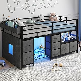 UINTAI Low Loft Bed with 7 Storage Drawers and Bookcase, Twin Low Loft Bed for Kids with 14