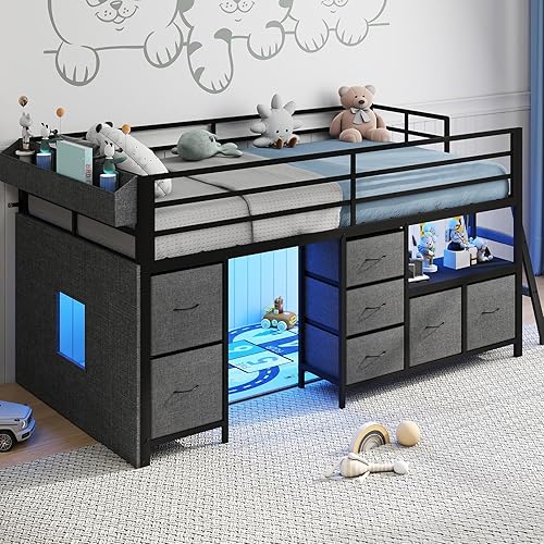 Low Loft Bed with 7 Storage Drawers and Bookcase, Twin Low Loft Bed for Kids with 14" H Safety Guardrail, Inclined Ladder and LED Lights, Under-Bed Play Space, Steel Slat Support, Gray