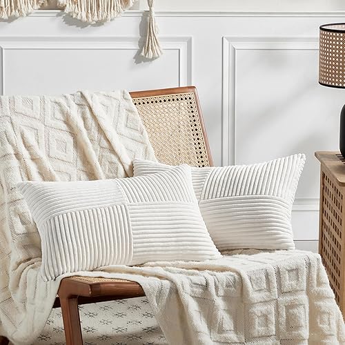 Fancy Homi - 2 fundas para cojín lumbar y rectangular largo, pana suave a rayas, decoración rústica y bohemia de casa de campo para sillón, cama y