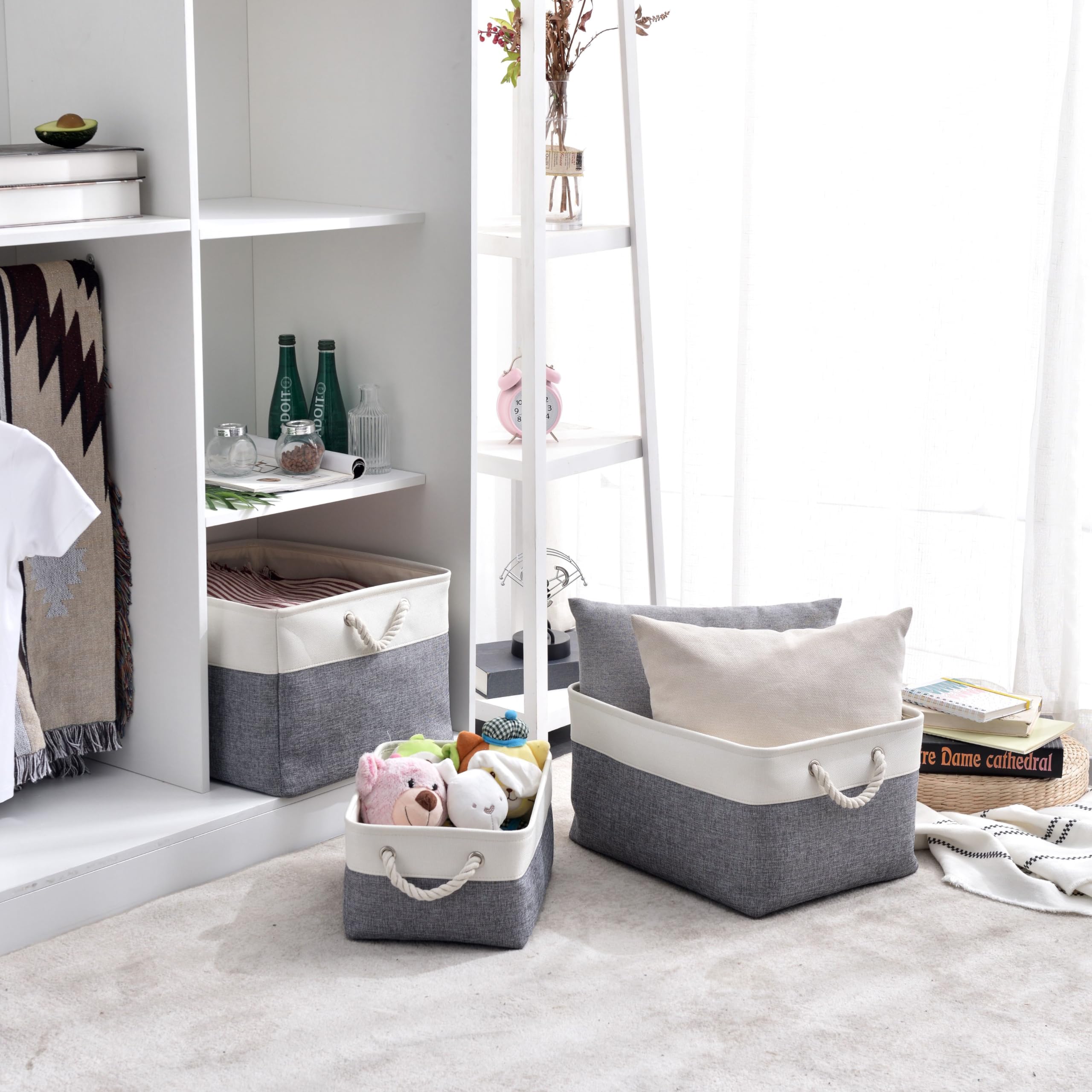 Stoff-Aufbewahrungsbox, 3er-Set, Faltbare Stoff-Aufbewahrungskörbe mit Griffen für Schränke, Kleiderschränke, Regale, Kleidung, Spielzeug, Handtücher, Badezimmer (klein, kaltes Grauweiß)