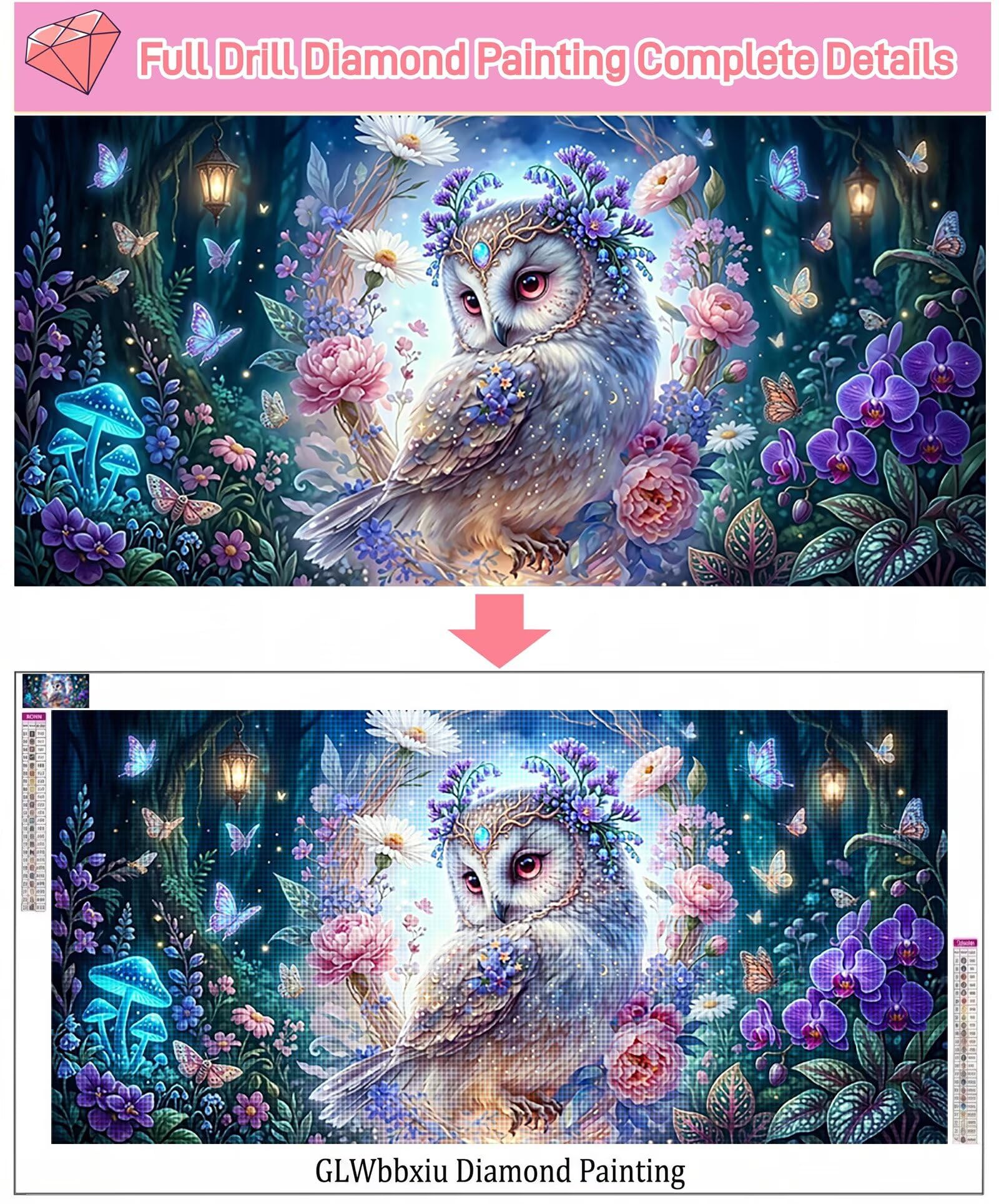 Diamond Painting Eule Diamond Painting Erwachsene XXL Traum, 5D Full Runder Drill Diamanten Malen Nach Zahlen, DIY Set Mosaik Bastelset Kreativ Set für Erwachsene Home Decor Wanddeko 100x200cm,Cod-895