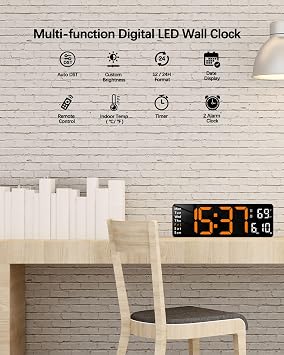 JoFomp Digital Wall Clock - 13 Large LED Display, Loud Alarm, Remote Control, DST, Auto-Dimming, Date and Day, Timer, Temperature - 12/24H Format - Ideal for Living Room, Bedroom, Kitchen