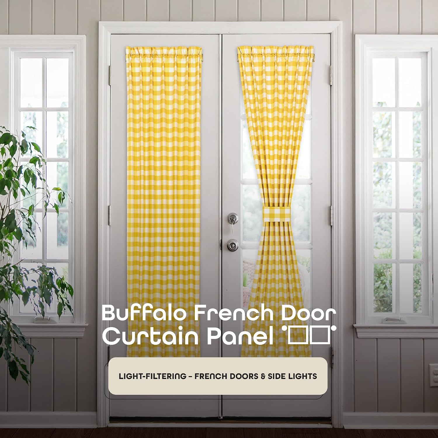 Light Filtering French Door Curtain Panel - 25" x 72"- Sidelight Window Coverings with Adjustable Tieback for Living Room, Patio & Front Doors - Machine Washable Drapes - Buffalo Check Yellow