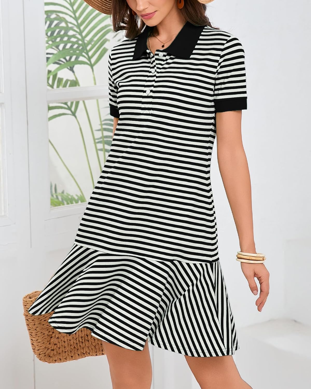 Women's Striped Polo Dress Short Sleeve Ruffle Hem Golf Tennis Summer Casual Mini Dress - Image 2