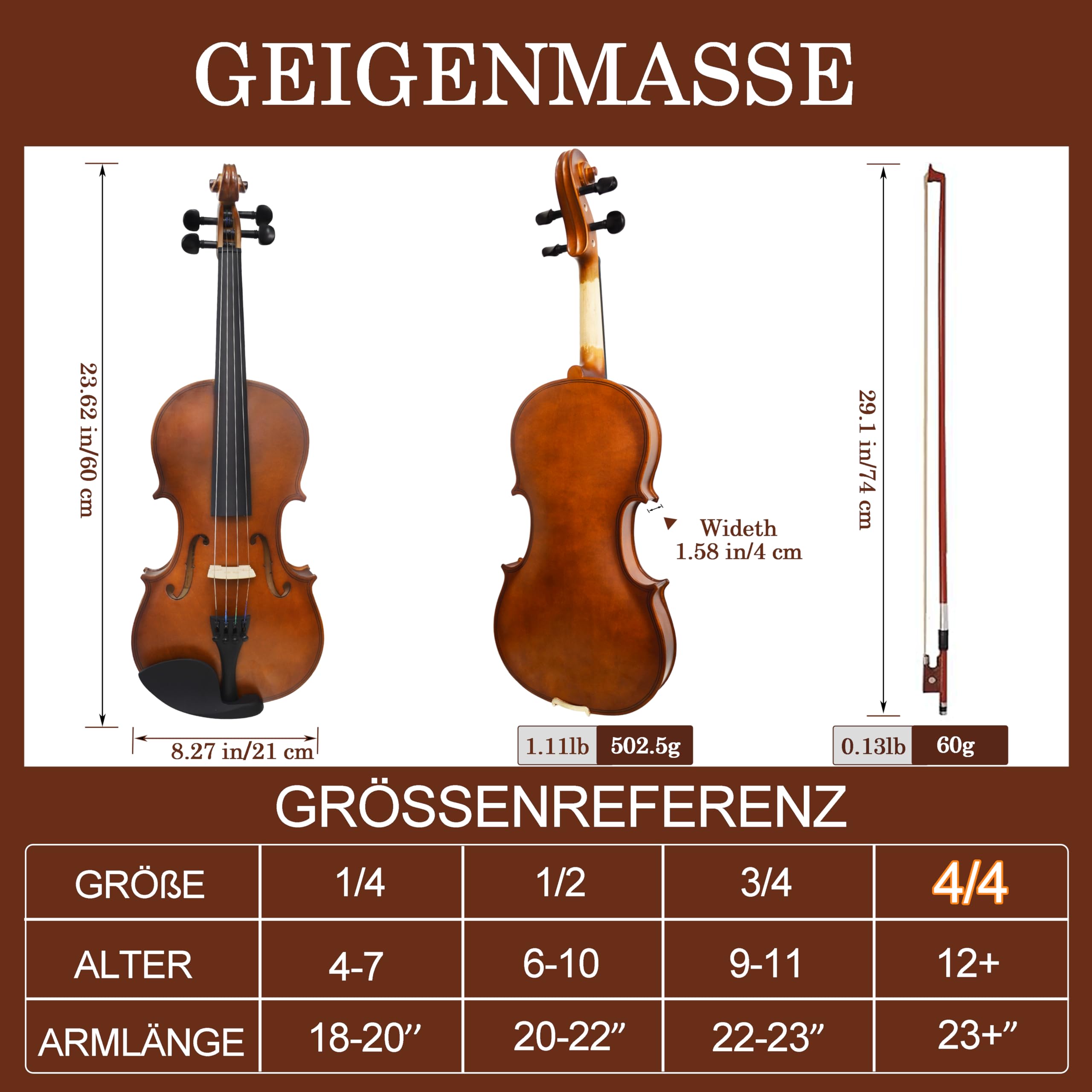 Geige 4/4 Vollgröße – Violine Anfänger Set für Erwachsene & Schüler mit Geigenbogen aus Palisander, Geigenkoffer, Schulterstütze, Ersatzsaiten & Steg – Akustische Einsteiger Geige