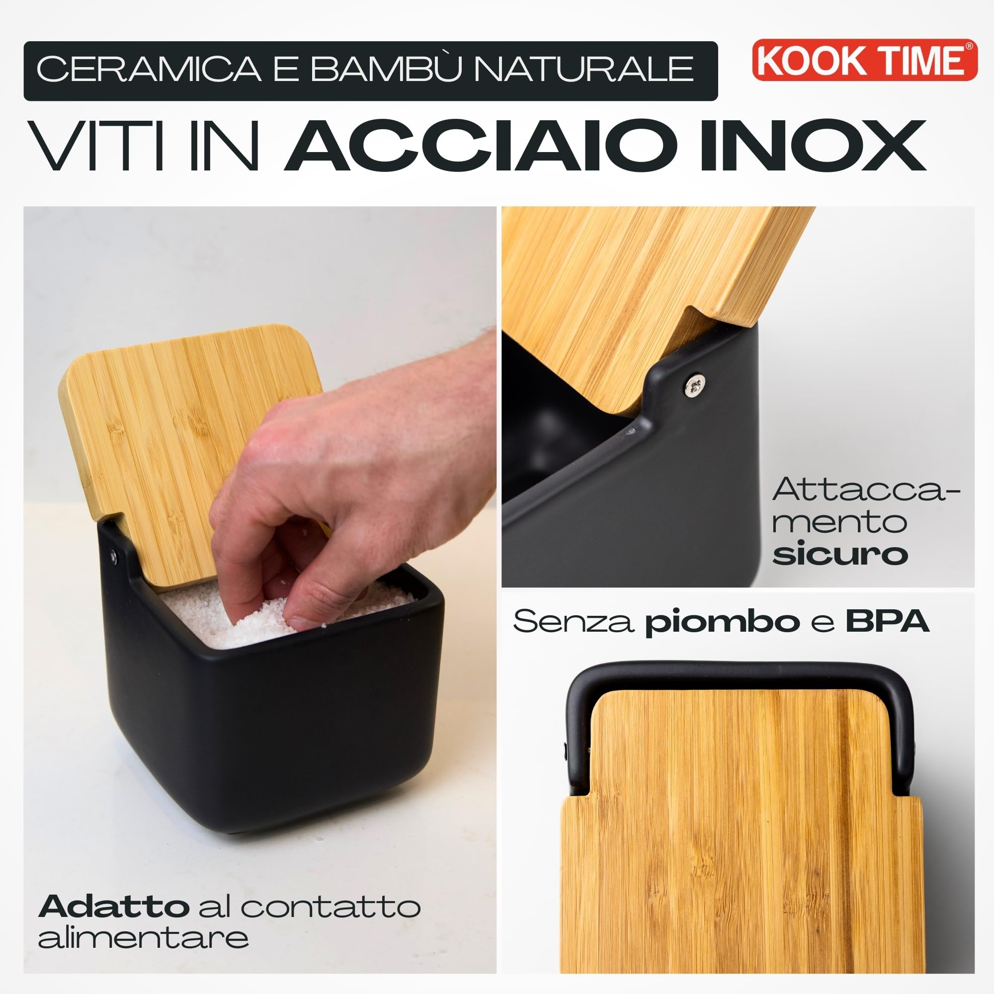 Porta sale grosso e fino, Barattoli sale per cucina o tavolo in ceramica con coperchio girevole in bambù ecologico, Barattolo sale grosso e fino, Dimensioni 11,2 x 11,2 x 11,2 cm. Nero
