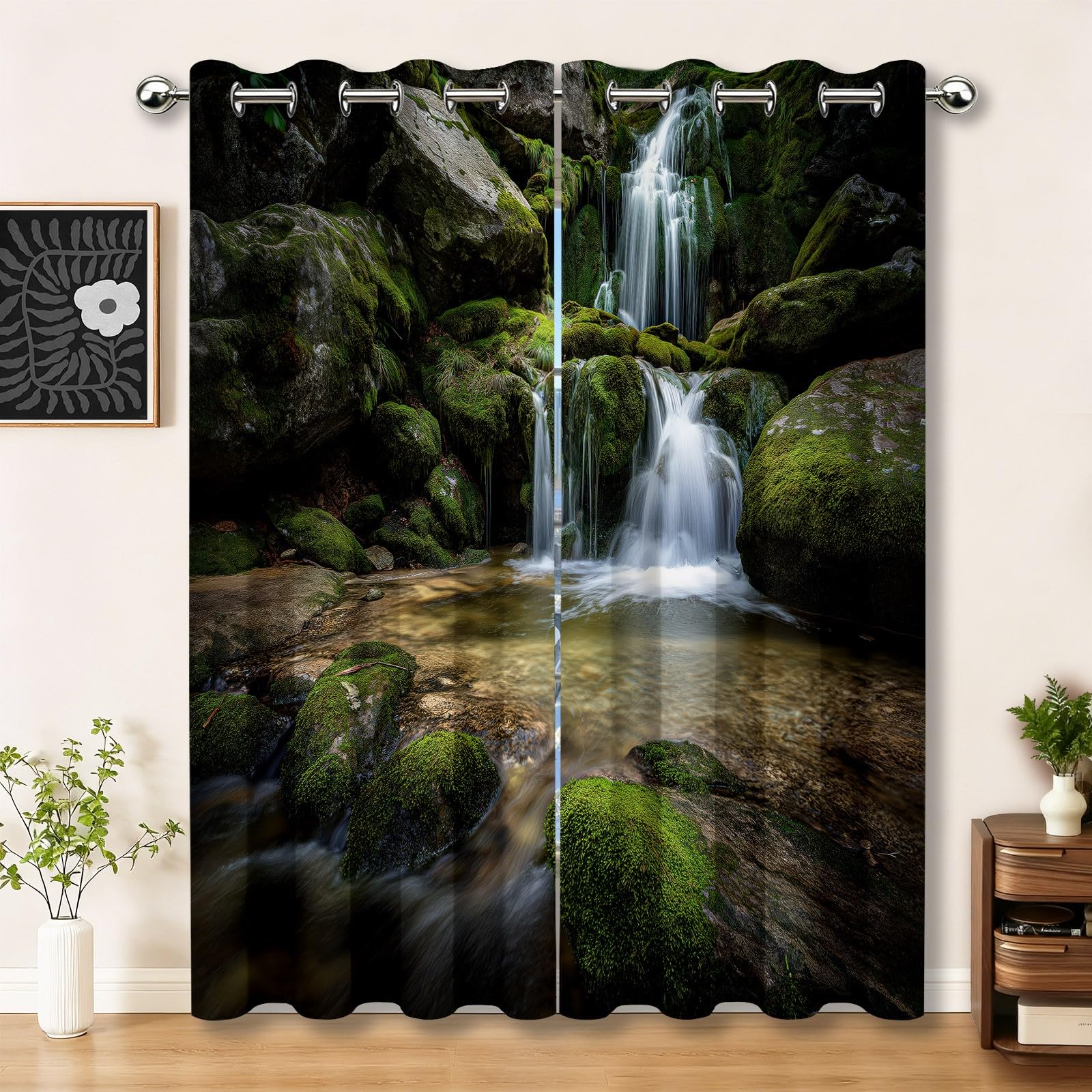 Kräuselband Gardinen Grün Blickdicht 2er Set H183×B117 cm, Natur Wald Moos Wasserfall Verdunklungsgardine mit ösen, Thermovorhang Hitzeschutz Vorhänge für Wohnzimmer & Schlafzimmer