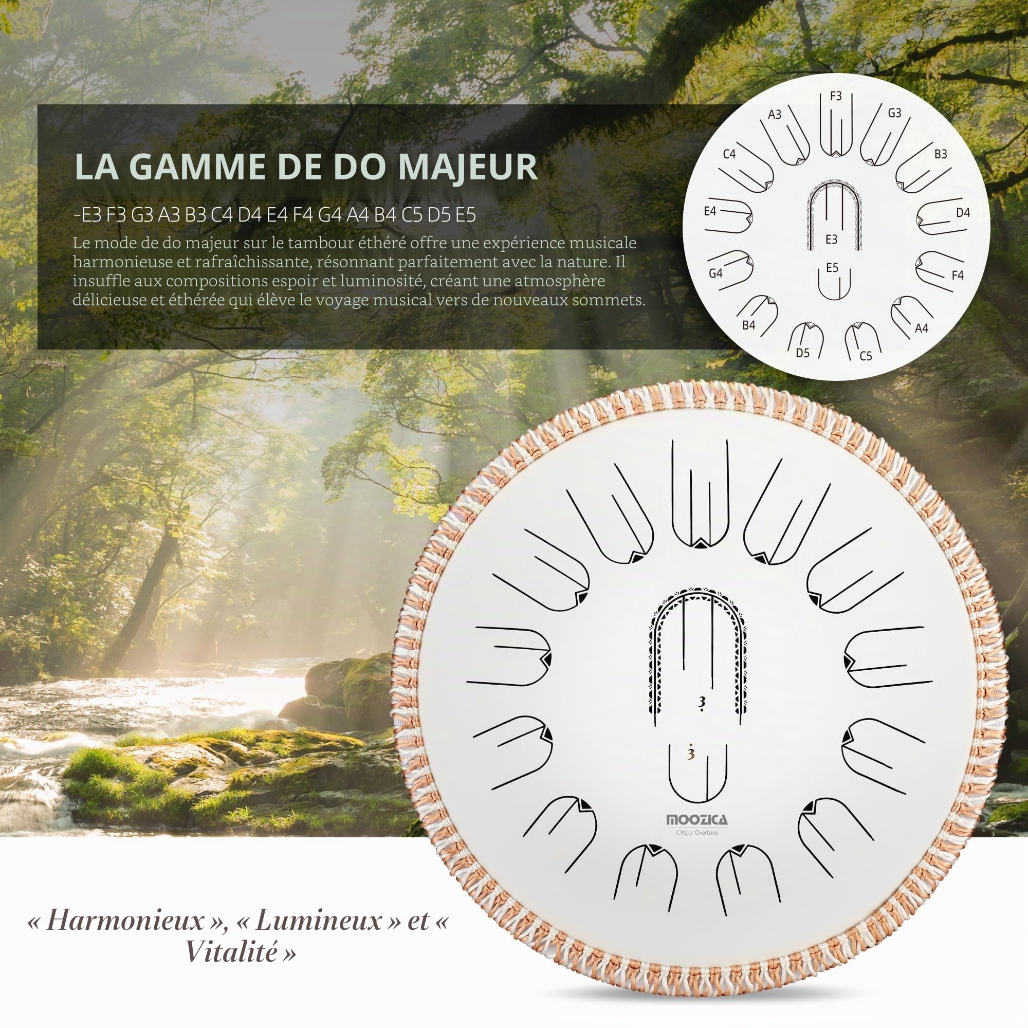 MOOZICA Tambour de langue à main en acier de 15 pouces - 15 notes en do majeur 432 Hz avec conception d'harmoniques d'octave - Instrument de tambour de langue à percussion professionnel