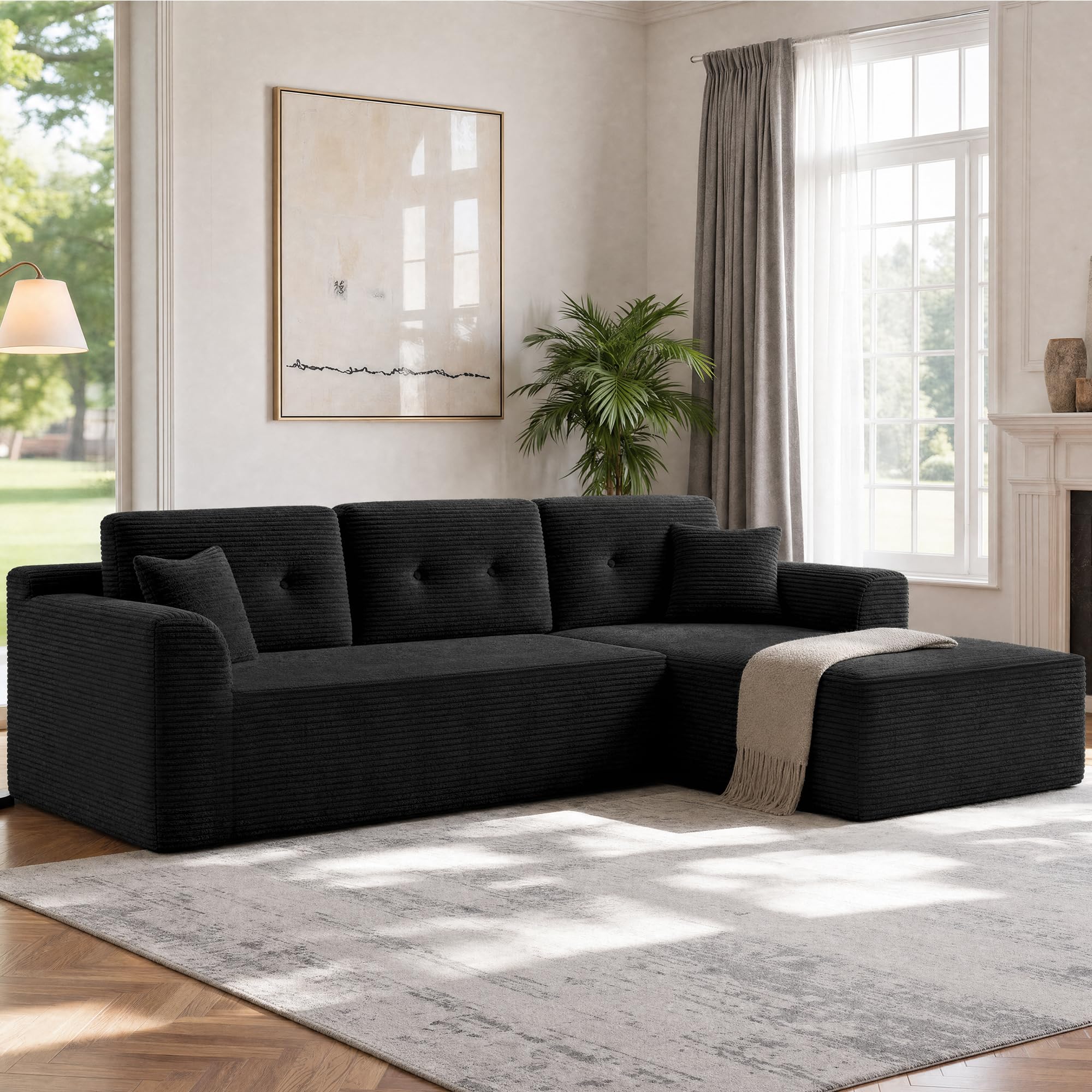VASAGLE Sofá Esquinero, Sofá Modular de 244 cm, Entrega Compacta, Sin Montaje, con Gran Chaise Longue a la Derecha, para Salón o Habitación de Invitados, Negro, LCS184B101