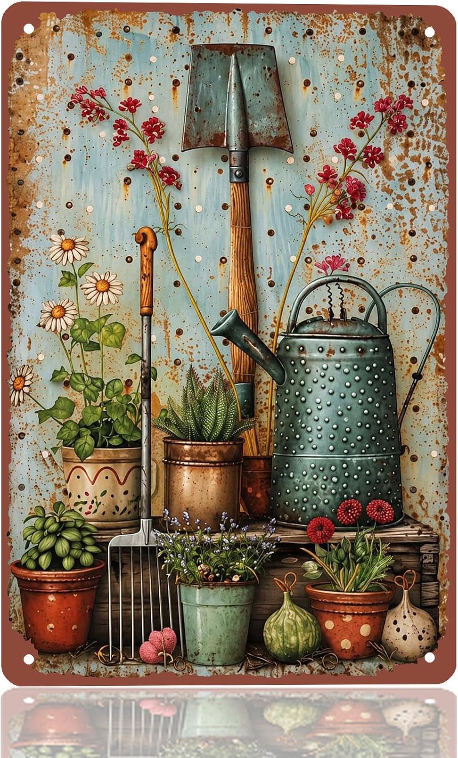 Vintage Gardening Tools Floral Metal Sign 8x12 Inch