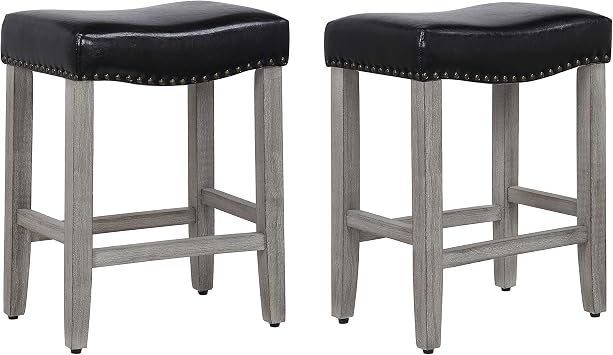 Jameson 24" Upholstered Nail Head Counter Stool Set of 2,Antique Gray/Leather